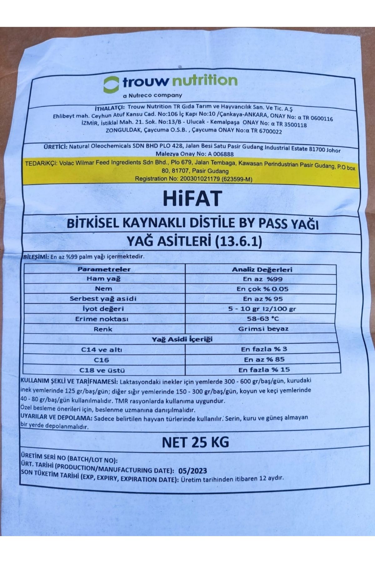 trouw nutrition HİFAT FRANKSİYONİZE BY PASS YAĞI 25 KG