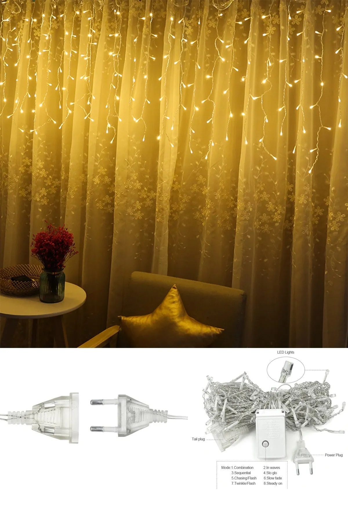 ALSHOP Uzatılabilen 8 Modlu 4 Metre Perde Çatı Merdiven Led Gün Işığı ...