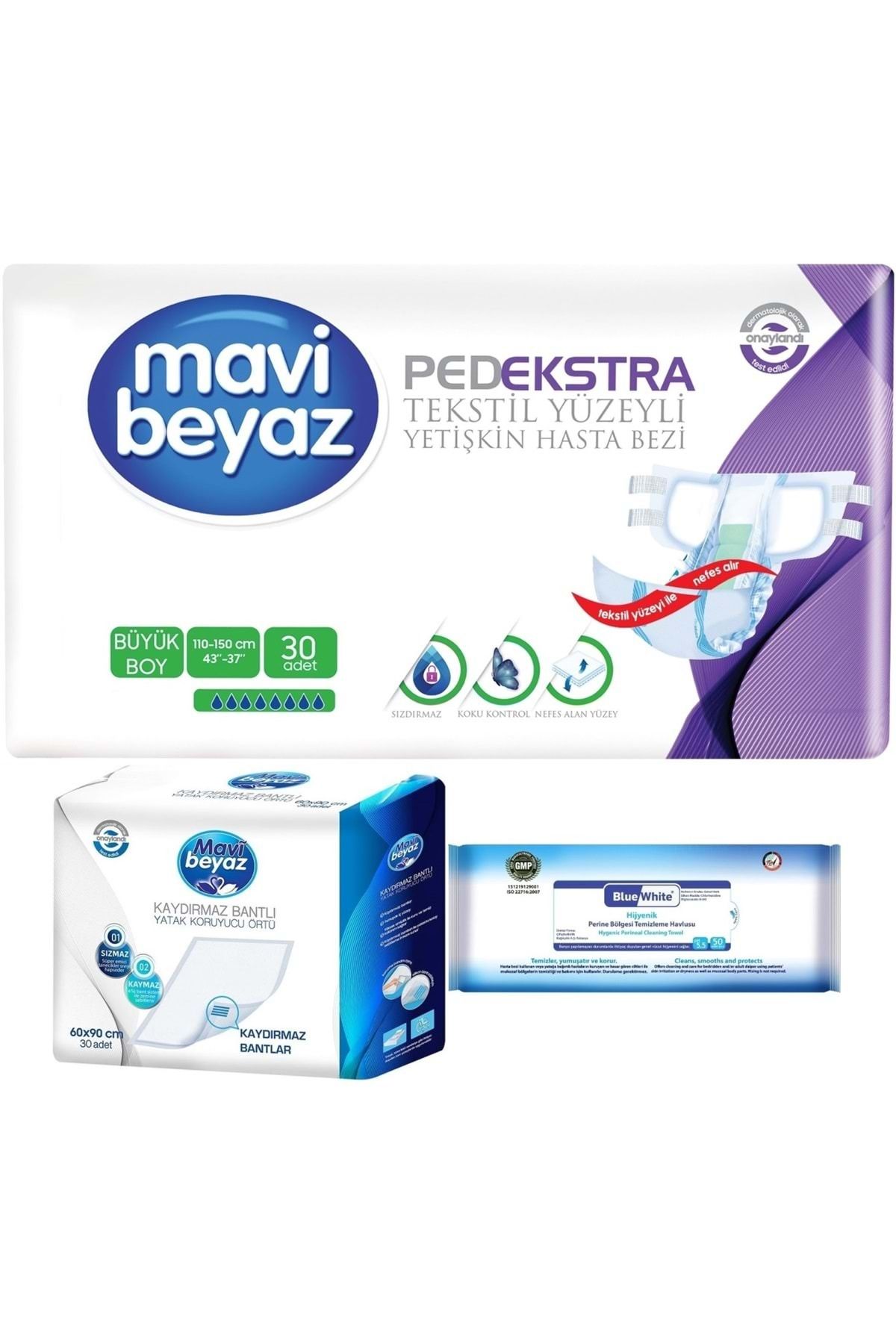 Mavi beyaz Ped Ekstra Tekstil Yüzeyli Yetişkin Bel Bantlı Hasta Bezi L 30 Adet+ Yatak Korucu + Havlu