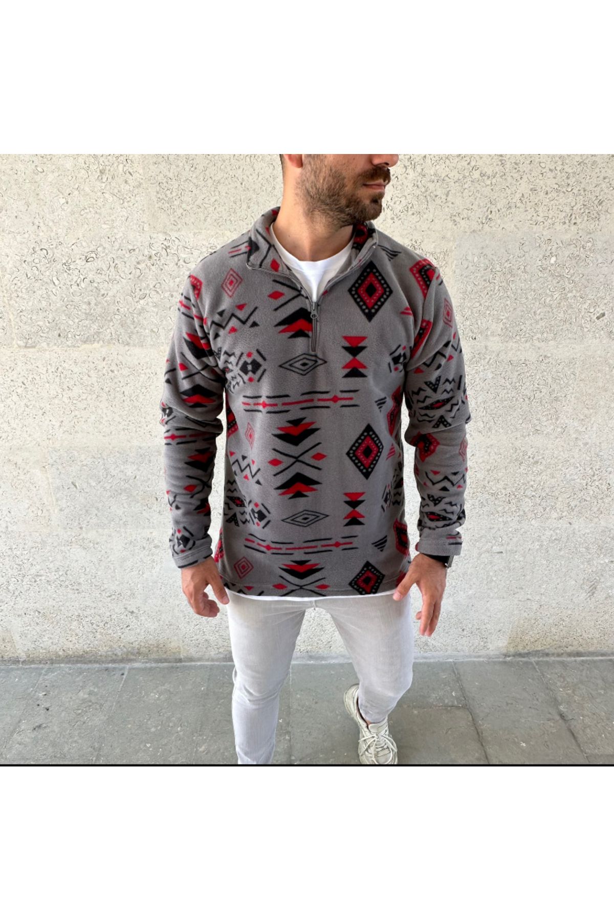 YKA Unisex Gri Etnik Desenli Polar Sweatshirt - Sıcak ve Şık Yarım Fermuarlı Tasarım