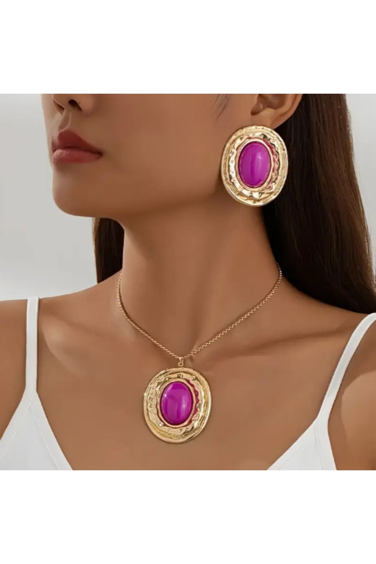 SE Jewellery Gold Pembe Detaylı Gösterişli Şık Kolye Küpe Set