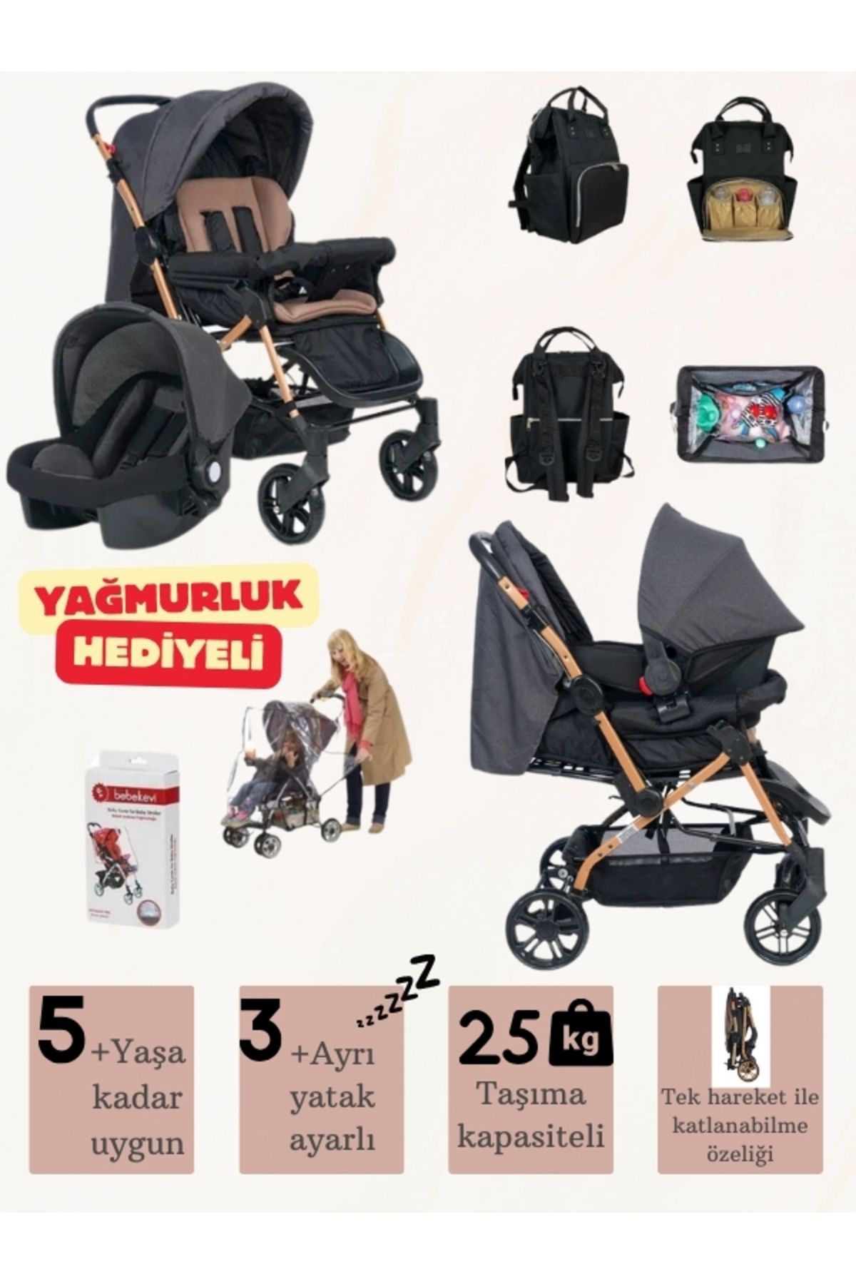 moda bebekler Moda Tek Setle Maksimum Konfor  Katlanabilir Bebek Arabası + Puset + Çanta + Yağmurluk