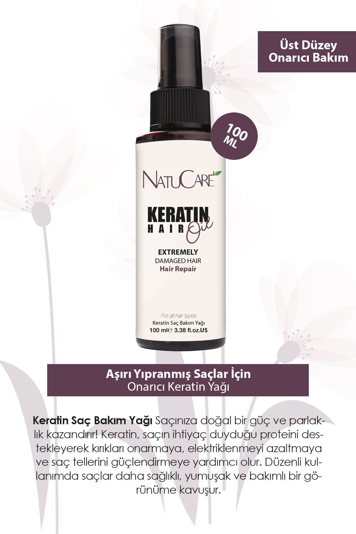 Aşırı Yıpranmış Saçlar Için Keratin Bakım Yağı 100ml — NC-6222 — تصویر 3 از 4