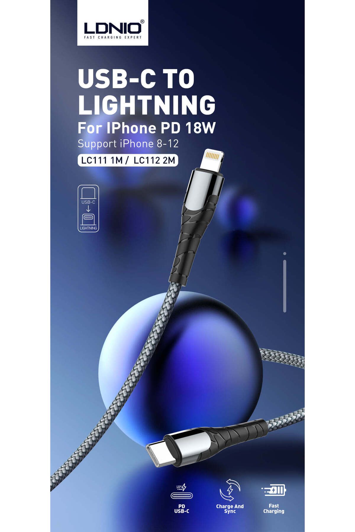 LDNIO-كابل بيانات USB-C إلى Lightning / شحن سريع - 30 واط / 1 متر 3