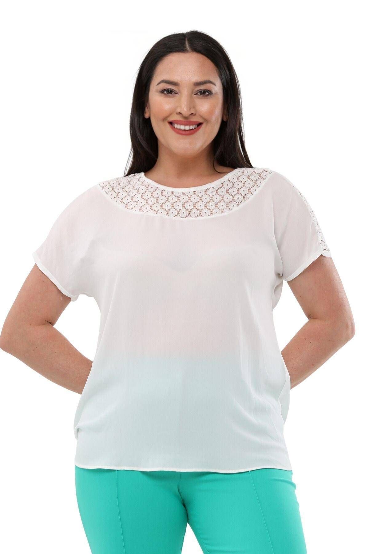 Hanezza-Women's Plus Size Ecru Crew Neck Bat Half Sleeve 42-52 Lace Crepe Fabric Blouse 7