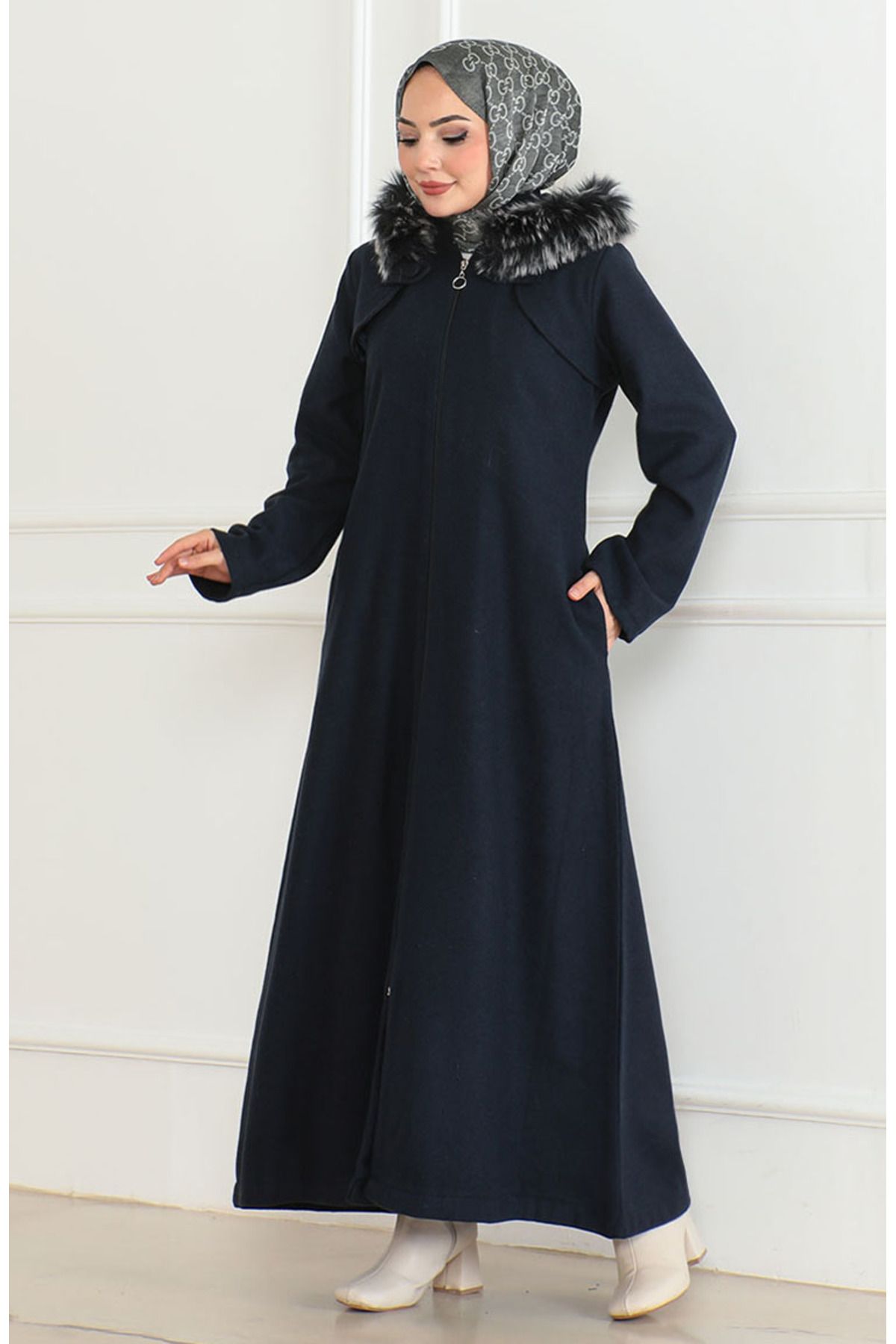 sefamerve-Navy Blue Hooded Fur Coat - 2058-06 2