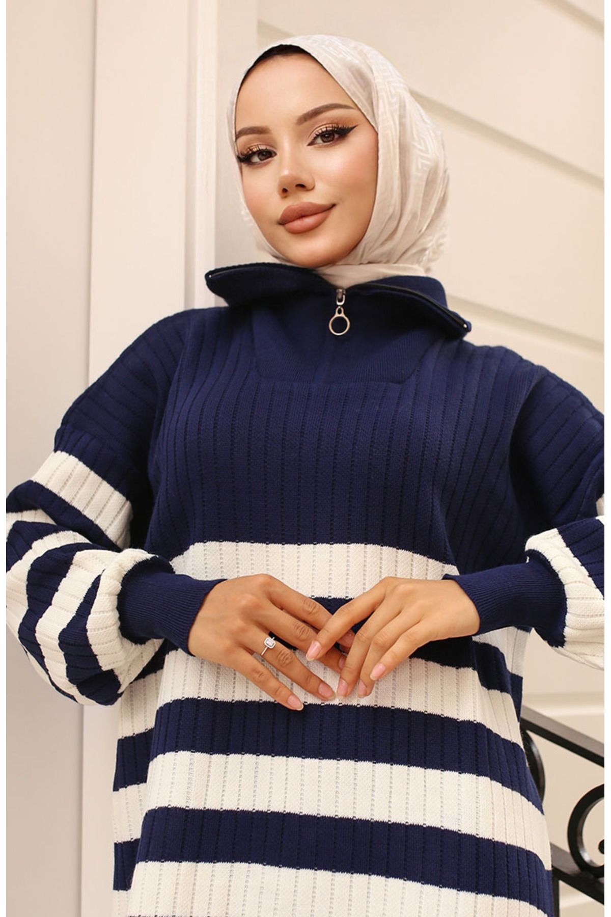sefamerve-Ριγέ Πλεκτό Φόρεμα 11042-06 Navy Blue 3