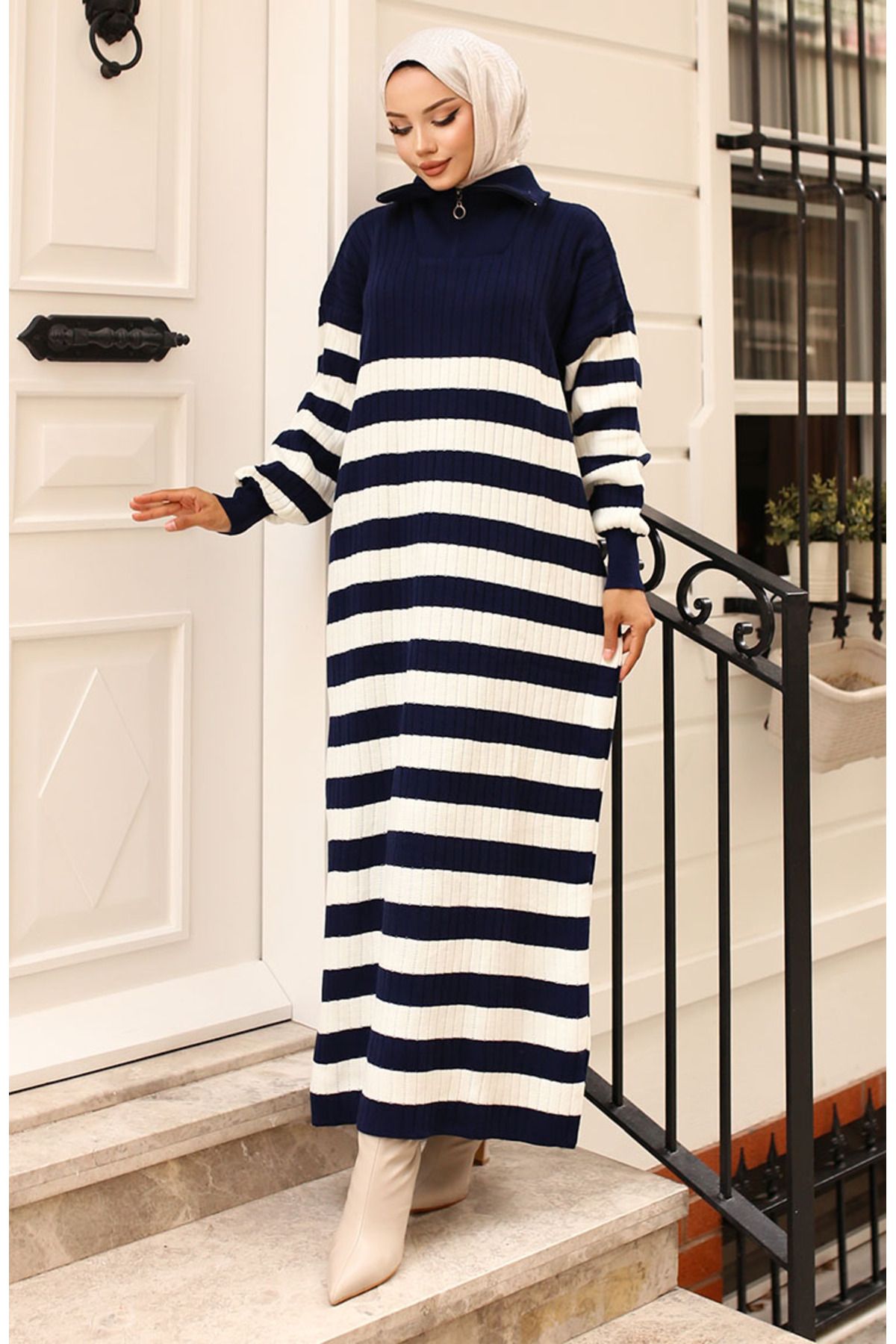sefamerve-Ριγέ Πλεκτό Φόρεμα 11042-06 Navy Blue 1