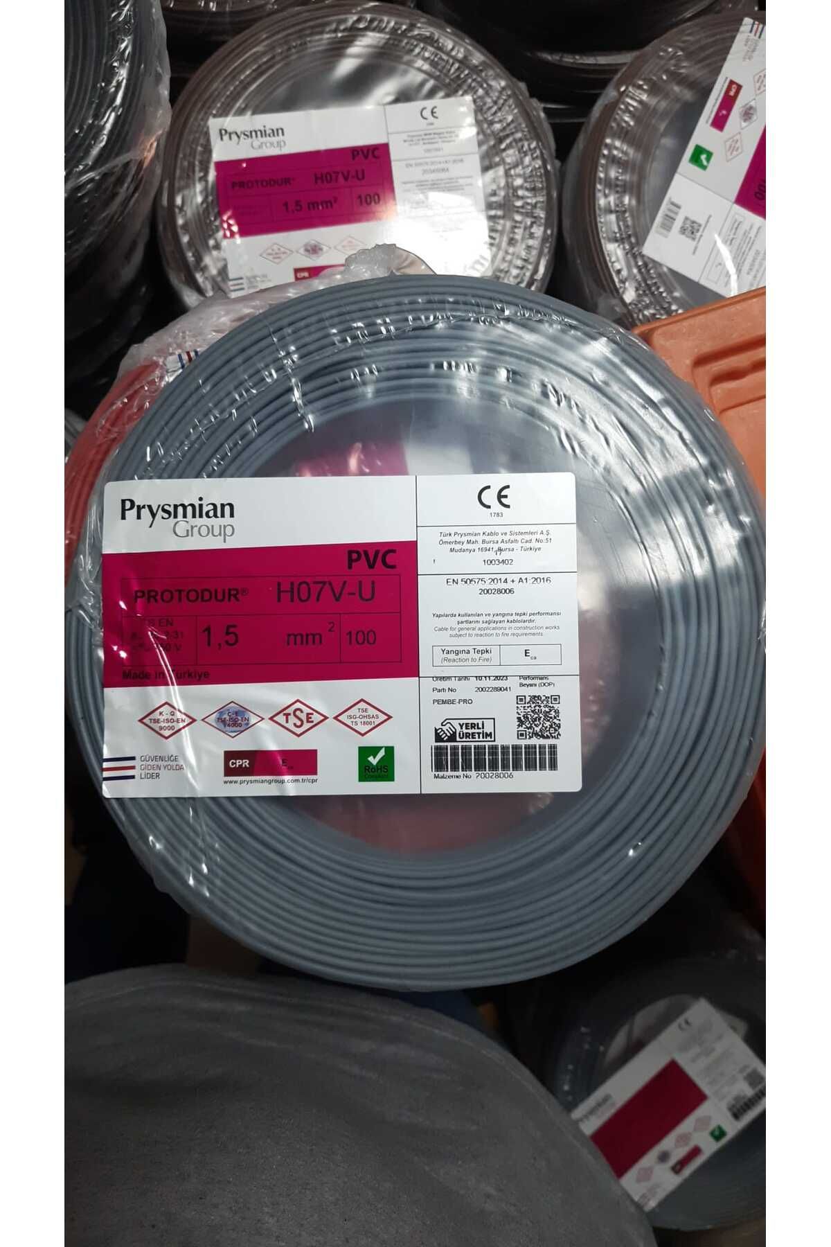 Prysmian 1,5 Mm2 H07v-u Gri Nya Kablo - 100 Metre Tek Damar Prysmian