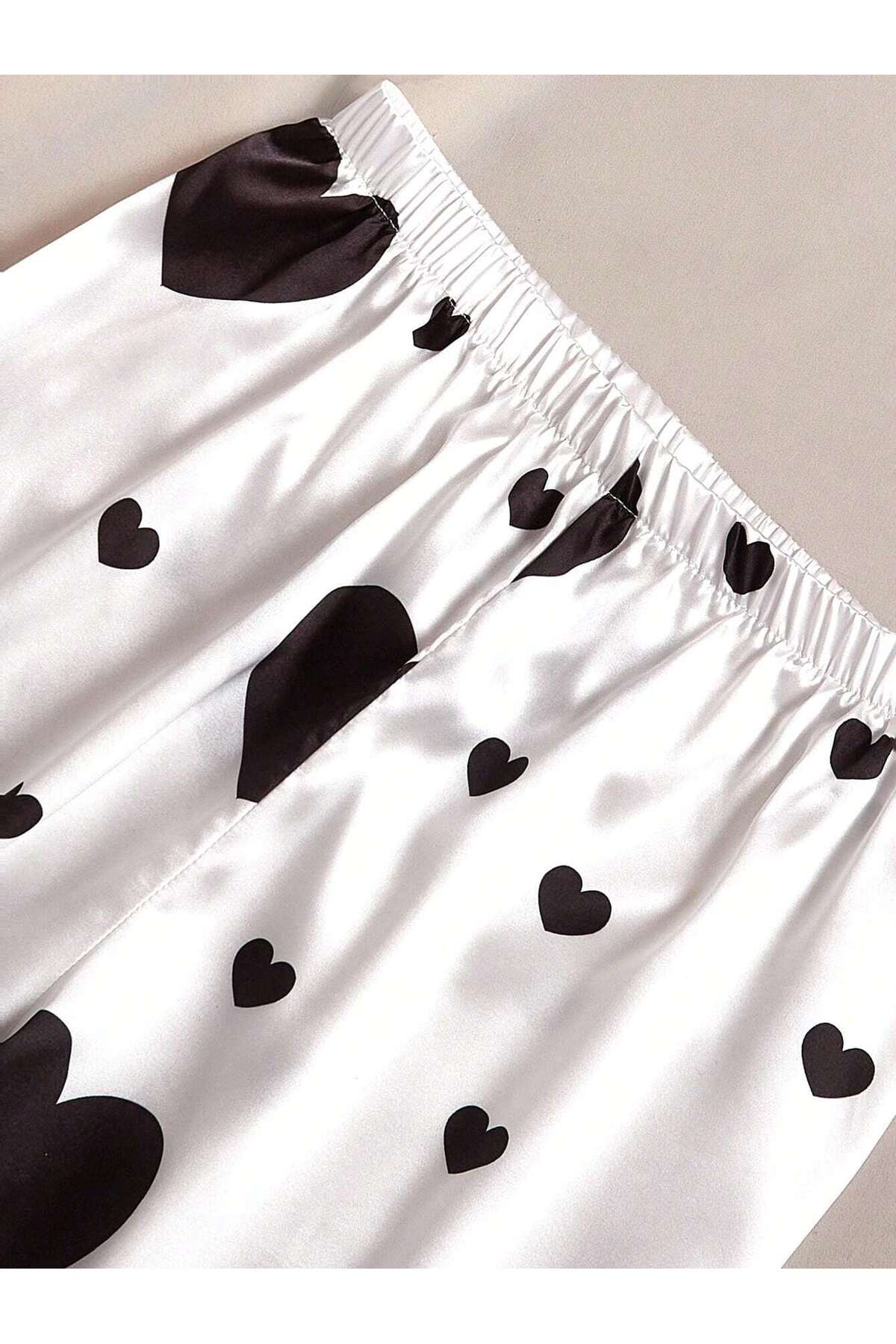Genel Markalar Kalp Baskılı Yumuşak Saten 2 Parça Gecelik Pijama Takım görsel 5