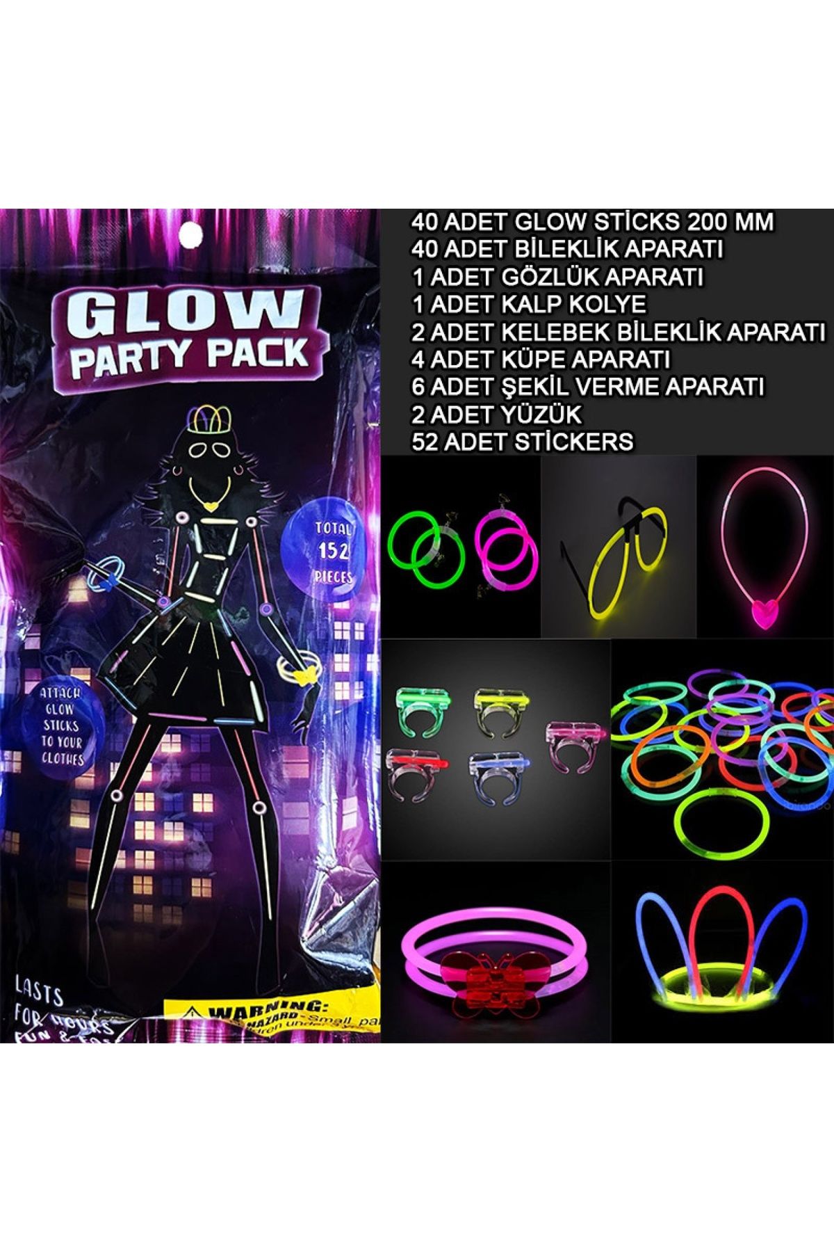 Ayder Timya Glow Parti Seti 152 Parçalık Lüks Glow Stick Kostüm Seti