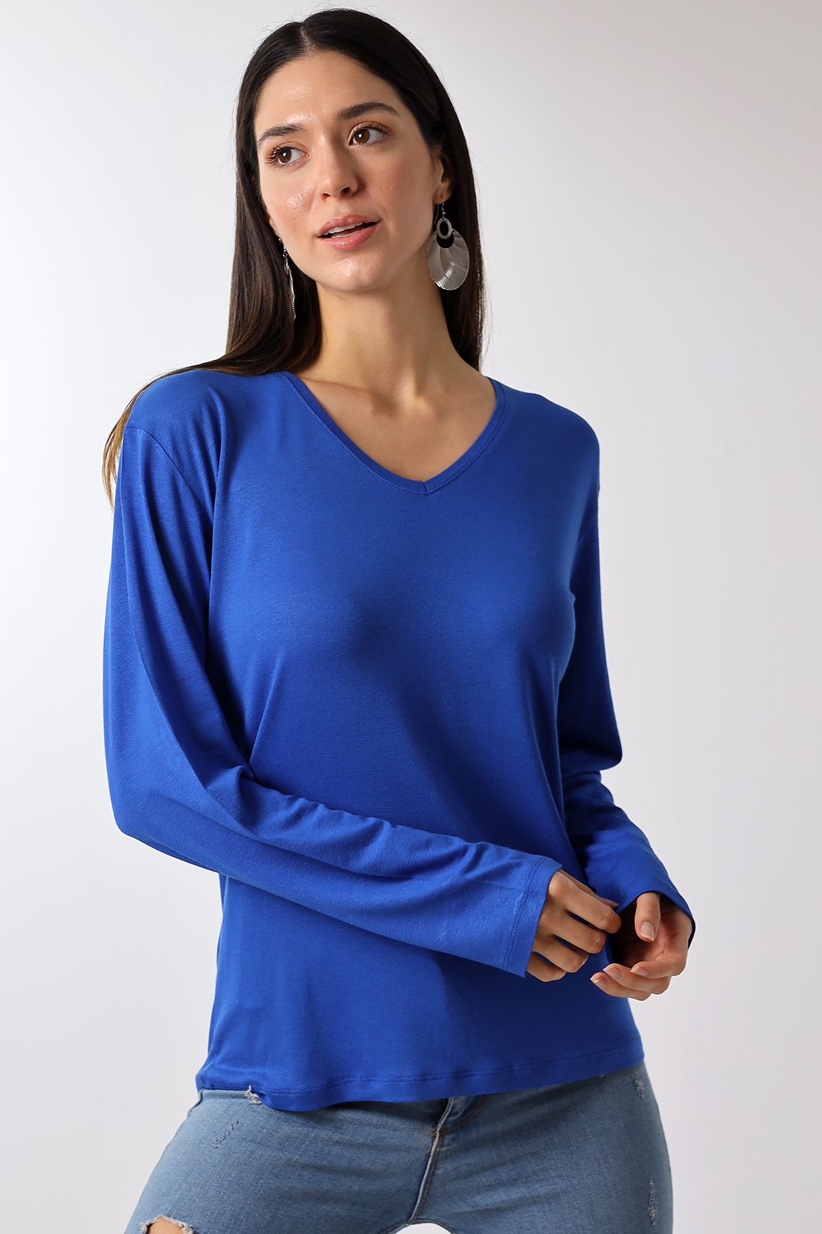 Devinka-Tricou de bază cu mânecă lungă oversize, cu decolteu în V, pachet de 2 5