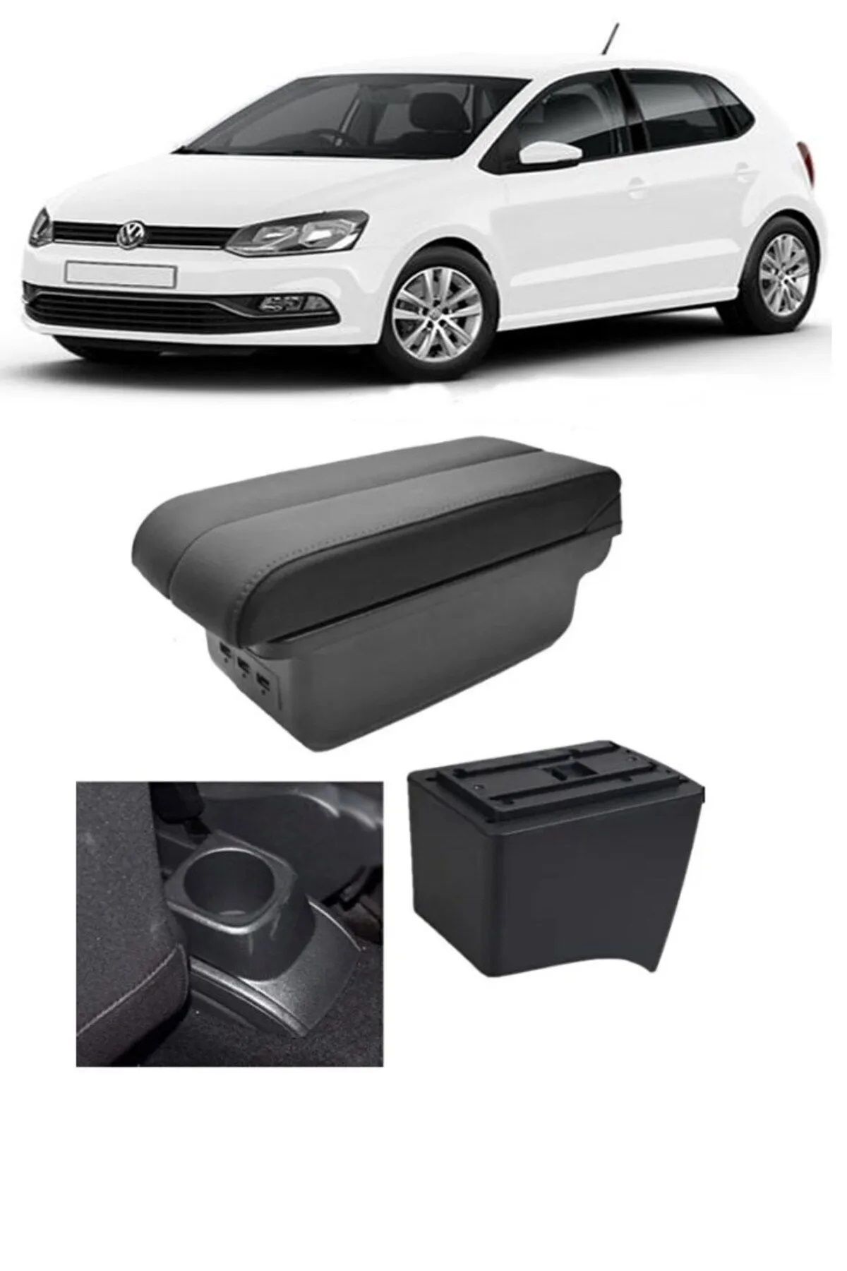 Cebsstore Volkswagen Polo 2011-2019 Delmesiz Vidasız Kol Dayama Kolçak Usb+Çift Açılır Siyah Dikişli