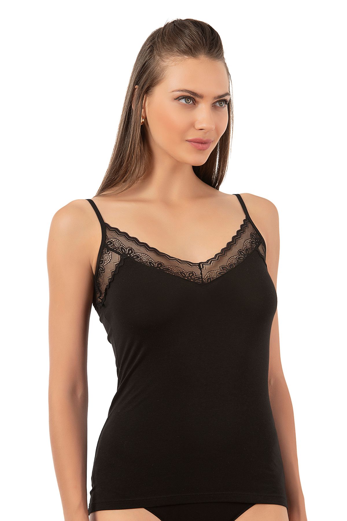 ÖZKAN underwear-Özkan 26849 Women's Cotton Modal Lace Detailed Thin Strap Tank Top 4