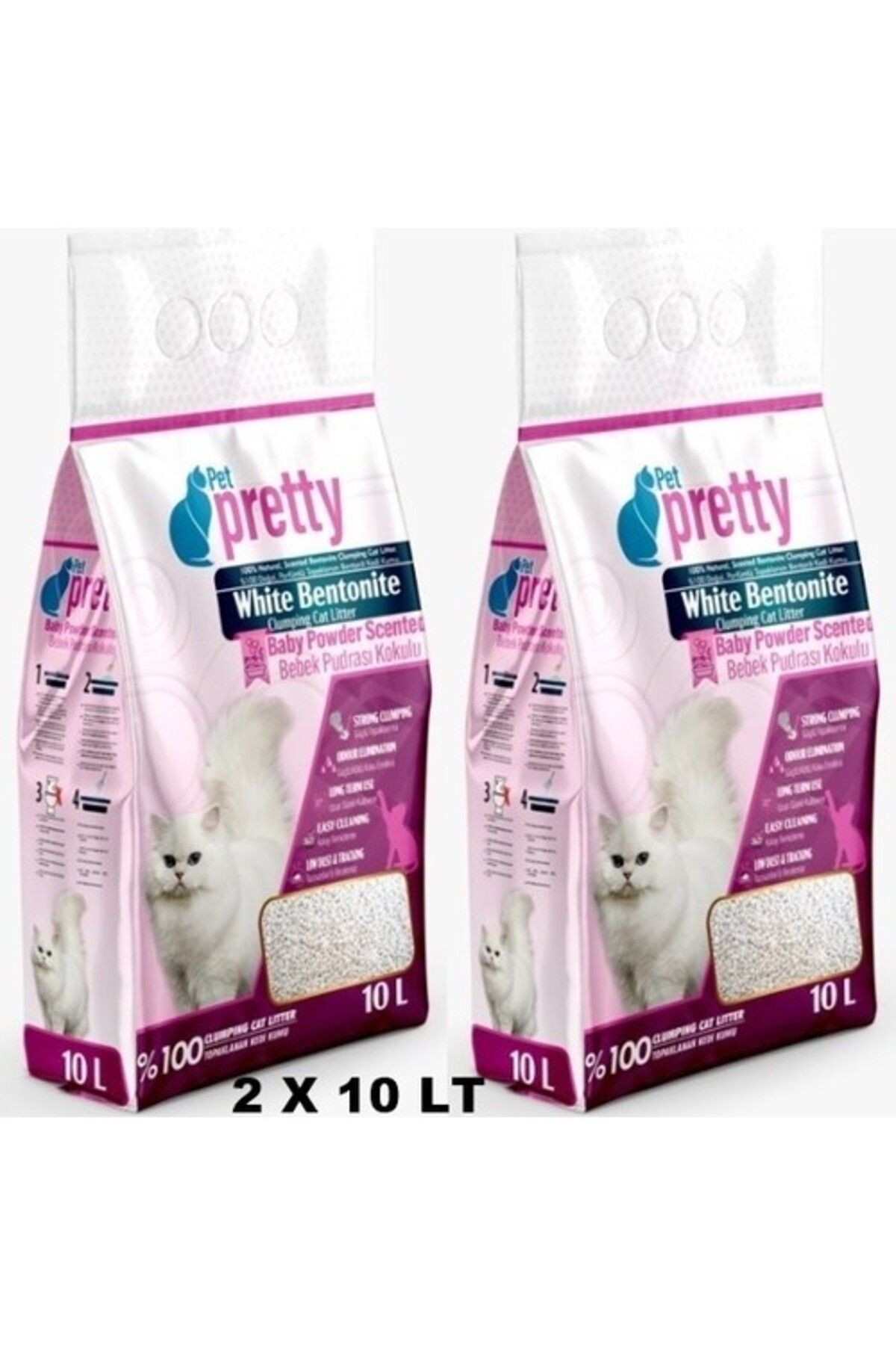 Pet Pretty Pudra Kokulu Ince Taneli Topaklaşan Kedi Kumu 10LT x 2 Adet