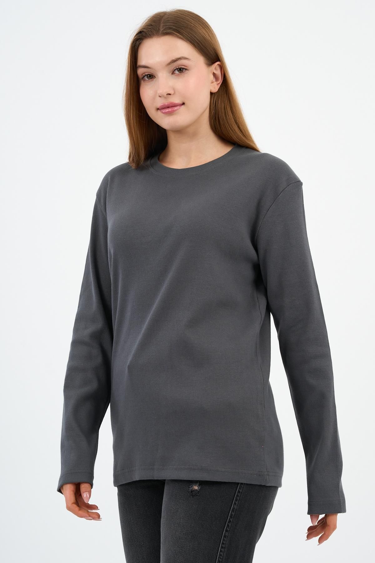 ALEXANDERGARDI Bisiklet Yaka Likralı Uzun Kollu Kaşkorse Sweatshirt (WK25588)