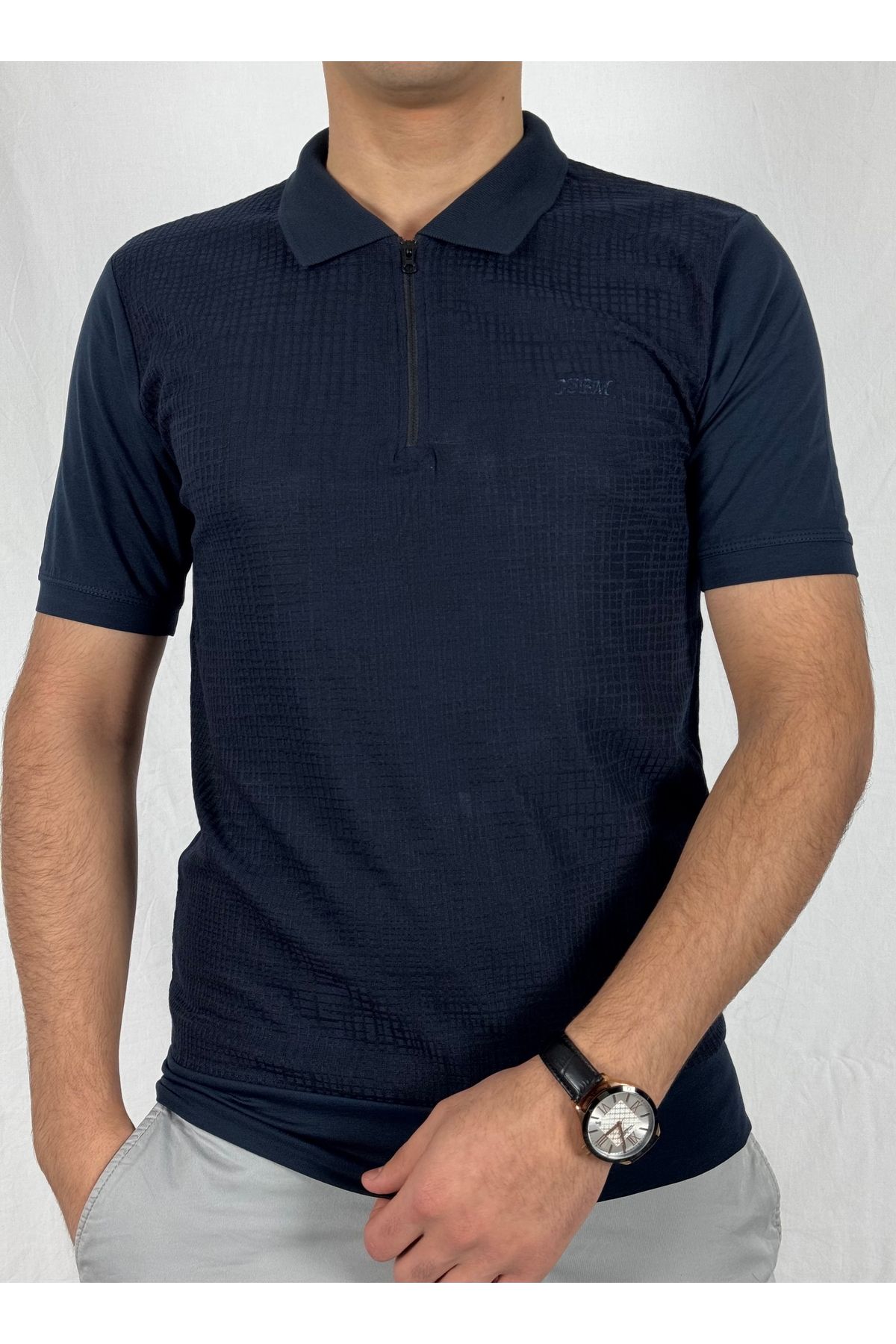 YSBM Erkek Lacivert Polo Yaka Jakarlı Düz Desenli Yarım Fermuarlı Manşetli Slim Fit T-shirt 8476