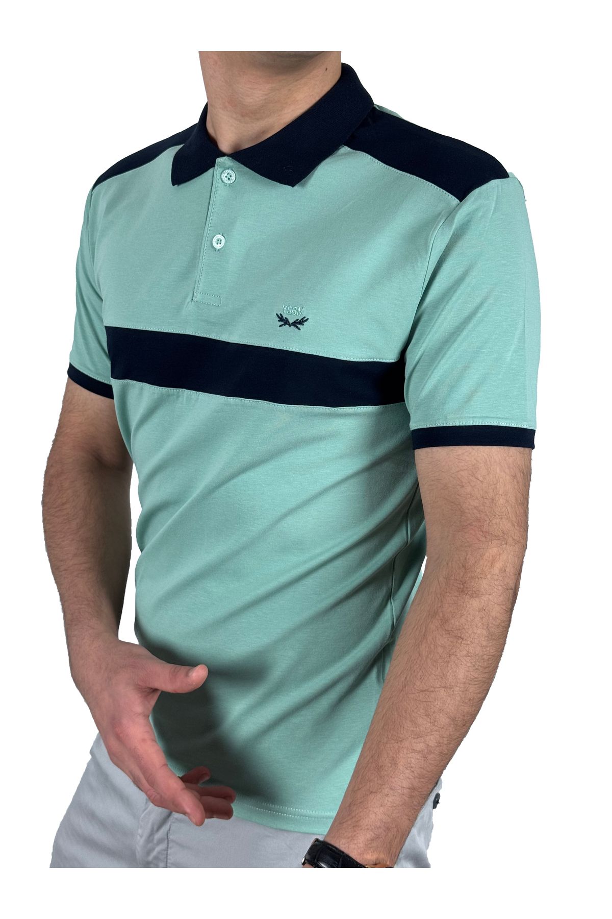 YSBM Erkek Mint Yeşili Polo Yaka Pamuklu Parçalı Rahat Slim Fit Dar Kesim T-shirt 8488