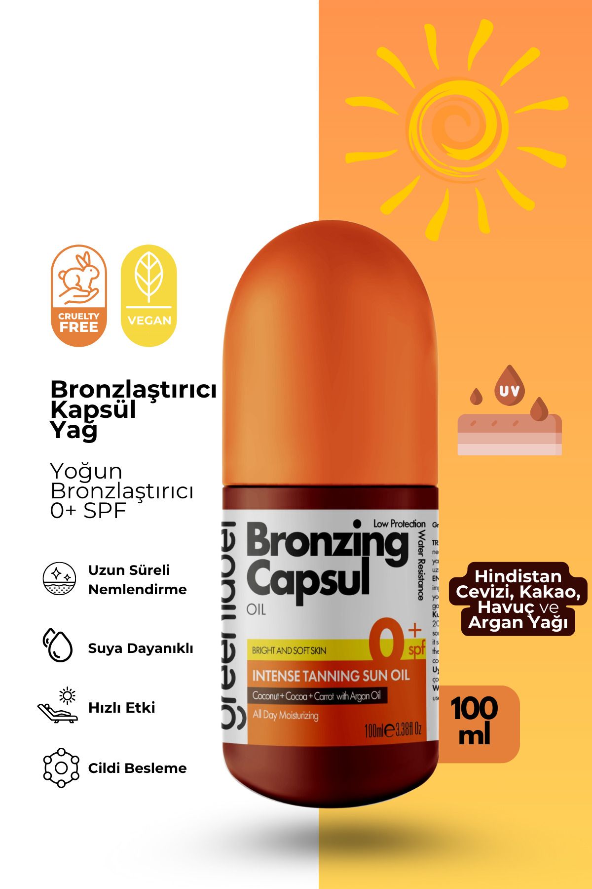 Green Label Bronzlaştırıcı Havuç, Kakao ve Hindistan Cevizi Yağı İçeren Bronzing Capsul Oil 100 ml