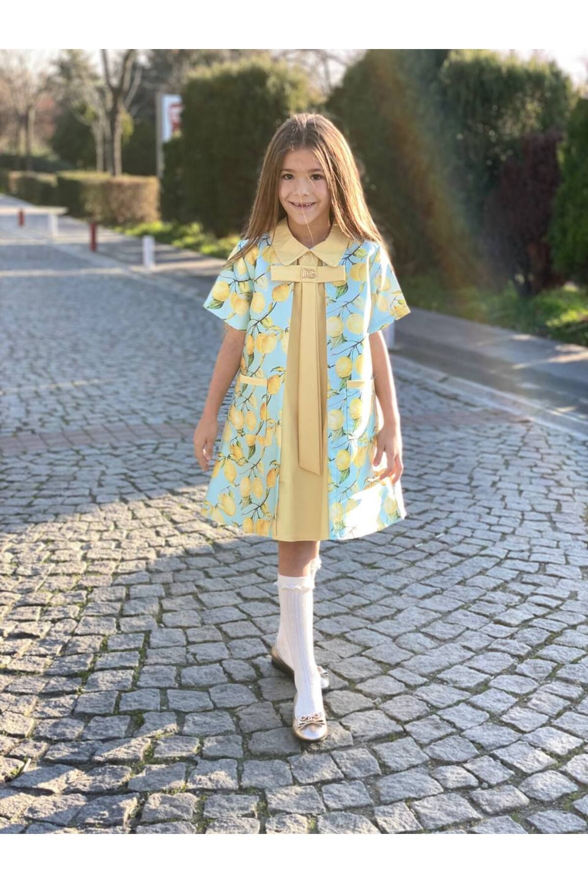 HC Kids Wear Kız Çocuk  Limon Desenli Fularlı  Elbise