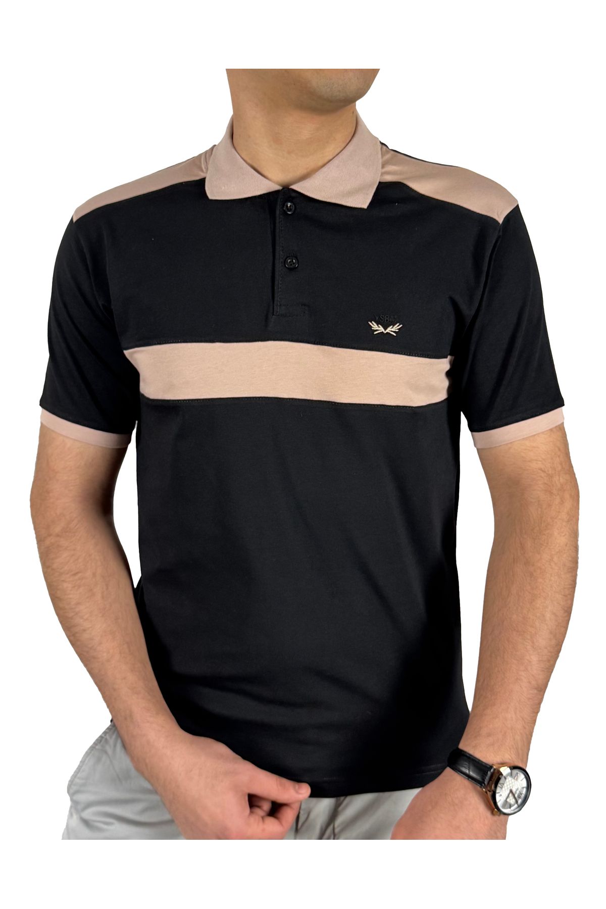 YSBM Erkek Siyah Polo Yaka Pamuklu Parçalı Rahat Slim Fit Dar Kesim T-shirt 8488