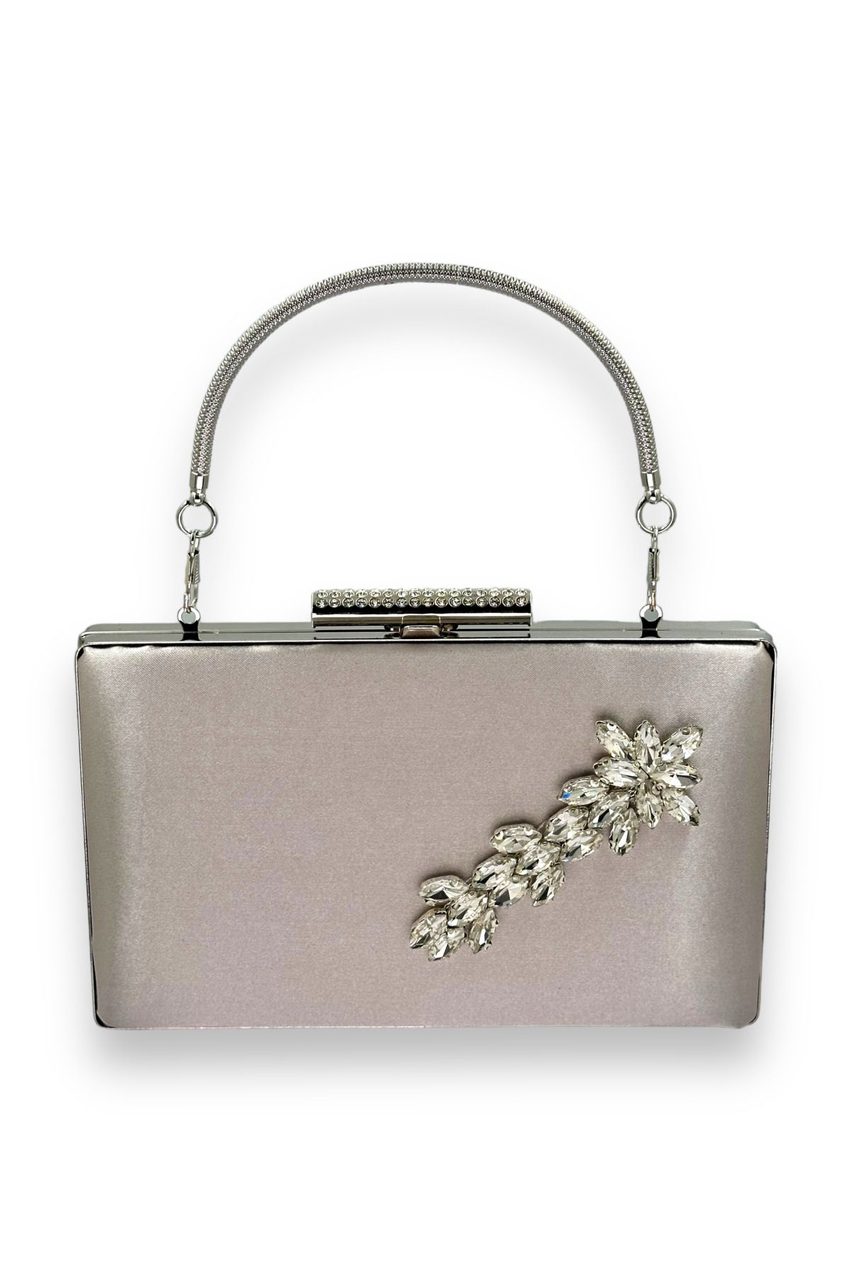 MidStore Vizon Renk Saplı Saten Kristal Taşlı Abiye Çanta Gece Çantası Kına Gelin Mezuniyet Çantası Clutch