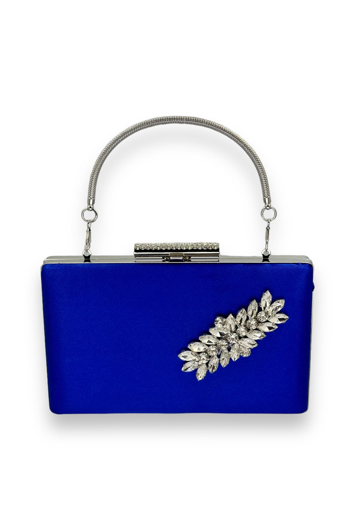 MidStore Saks Mavisi Rengi Saten Kristal Taşlı Abiye Çanta Gece Çantası Kına Gelin Mezuniyet Çantası Clutch