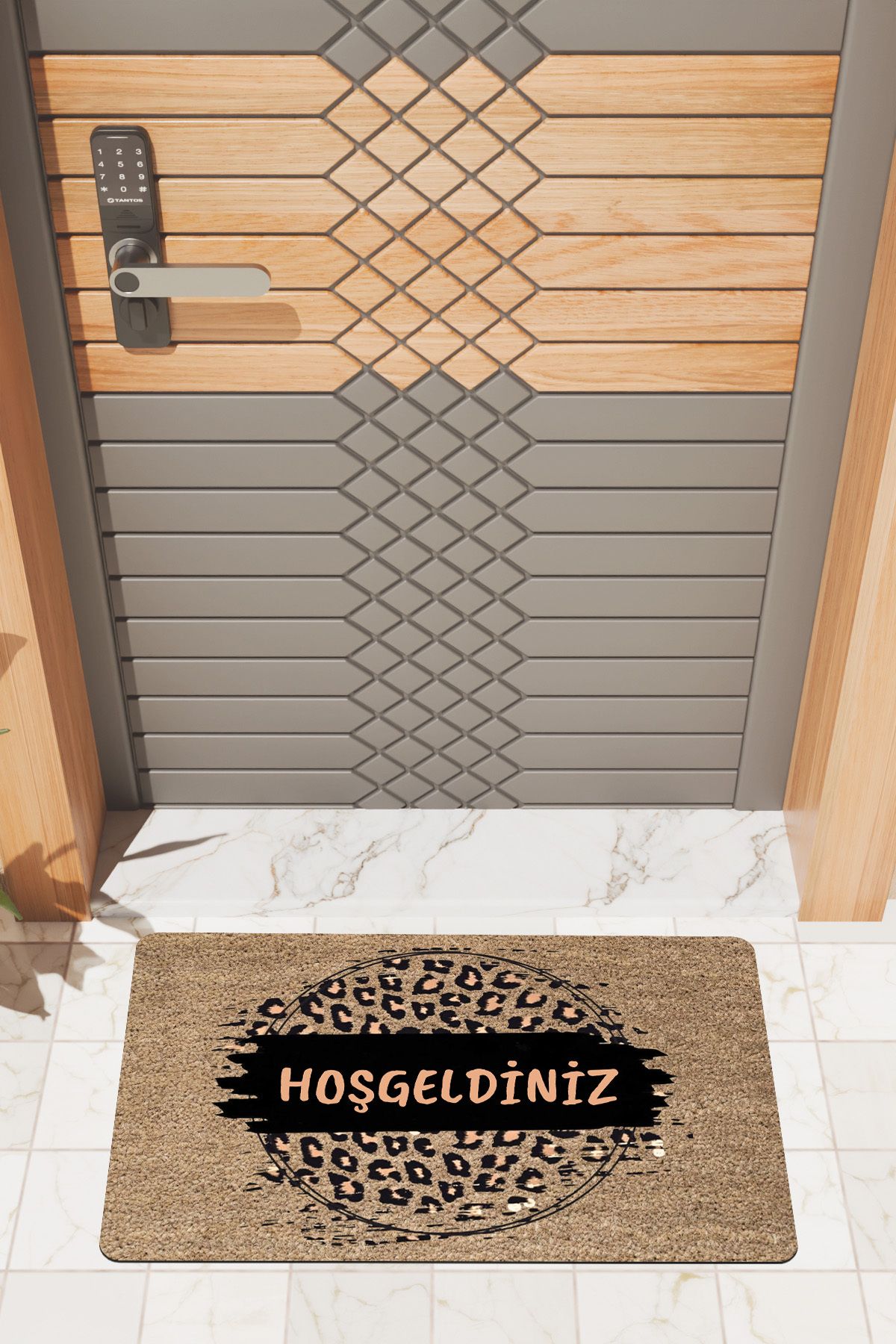 Rugmood Modern Dijtal Baskı Yuvarlak Hoşgeldiniz Leopar Kapı Önü Paspası