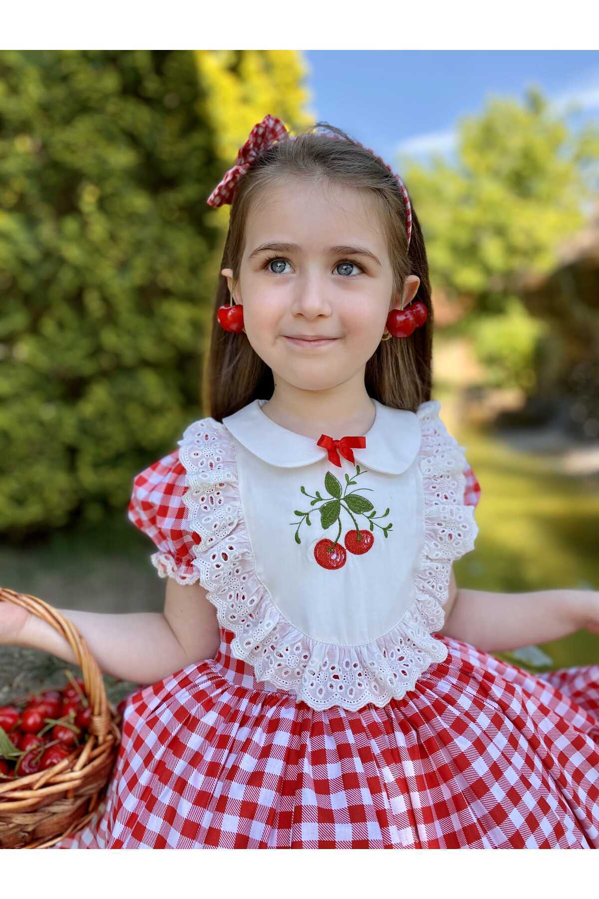 Linarookids Kirazlı Kırmızı Vintage Kız Bebek Elbisesi,Doğum günü,fotoğraf çekim elbise,0-12 Yaş Uygun