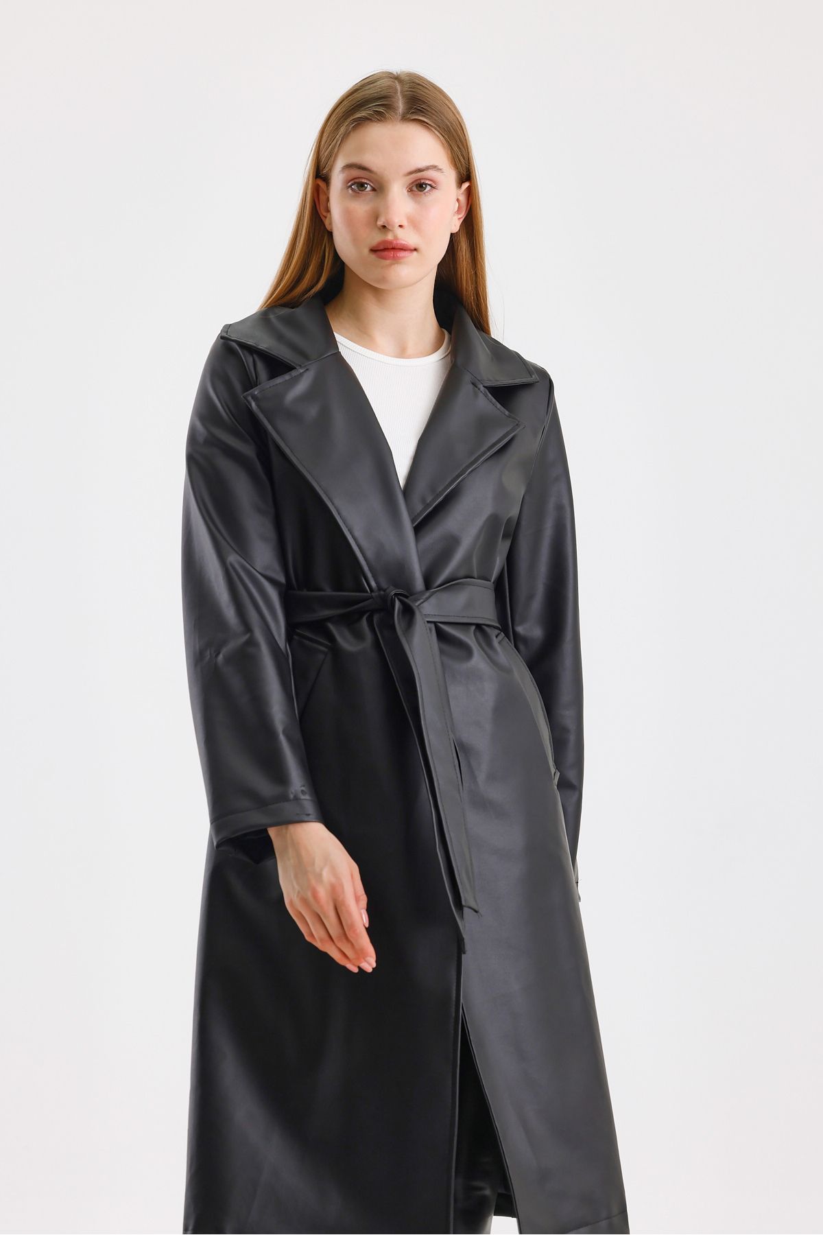 TREND KOMBİN-Long Belted Lined Leather Trench Coat 4