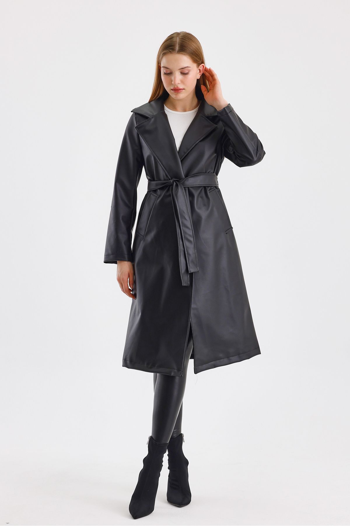 TREND KOMBİN-Long Belted Lined Leather Trench Coat 1