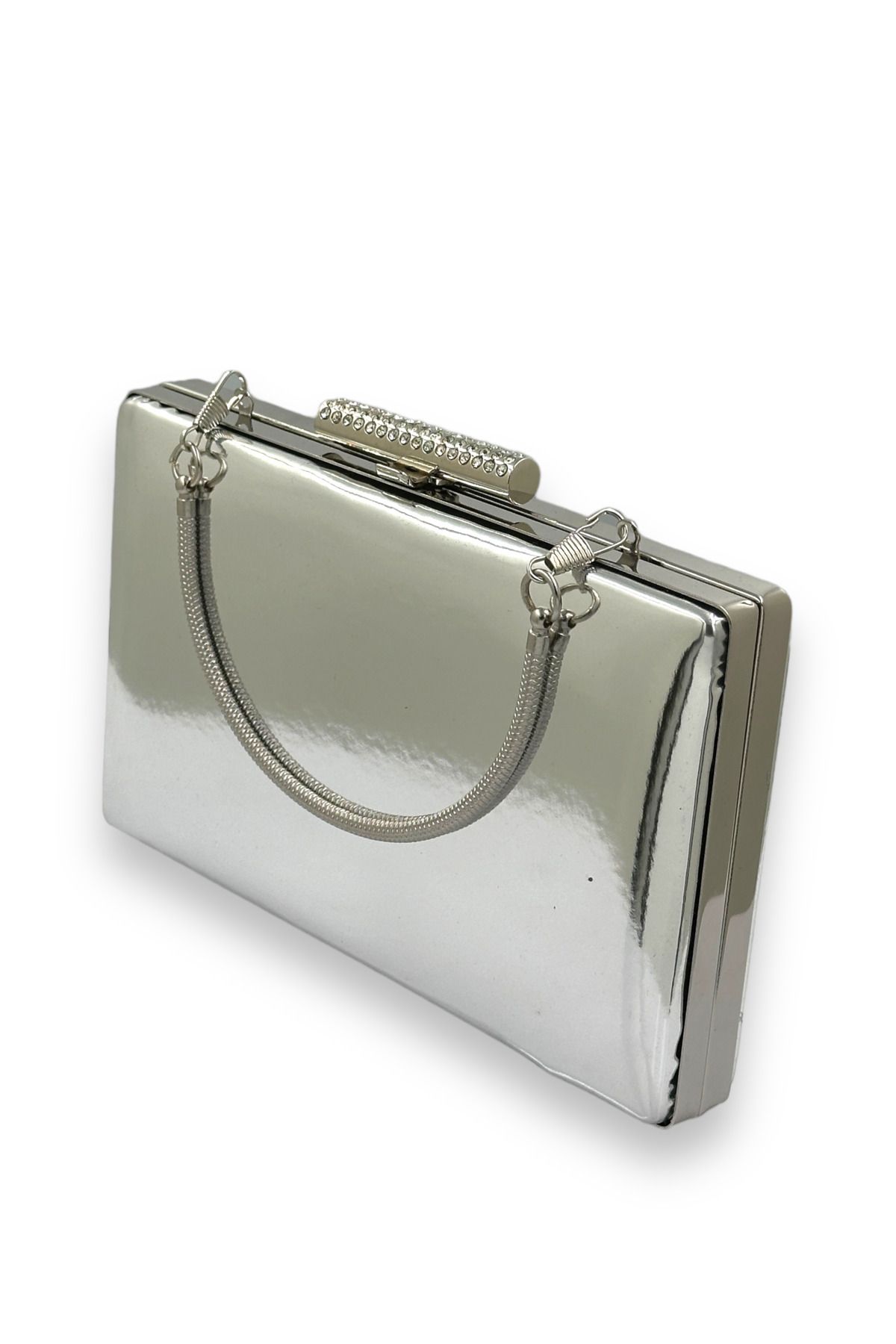 Veste Moda-Silver Gray Lame Mirror Patent Leather Metal Handle Evening Dress Bag Evening Bag Prom Invitation 4