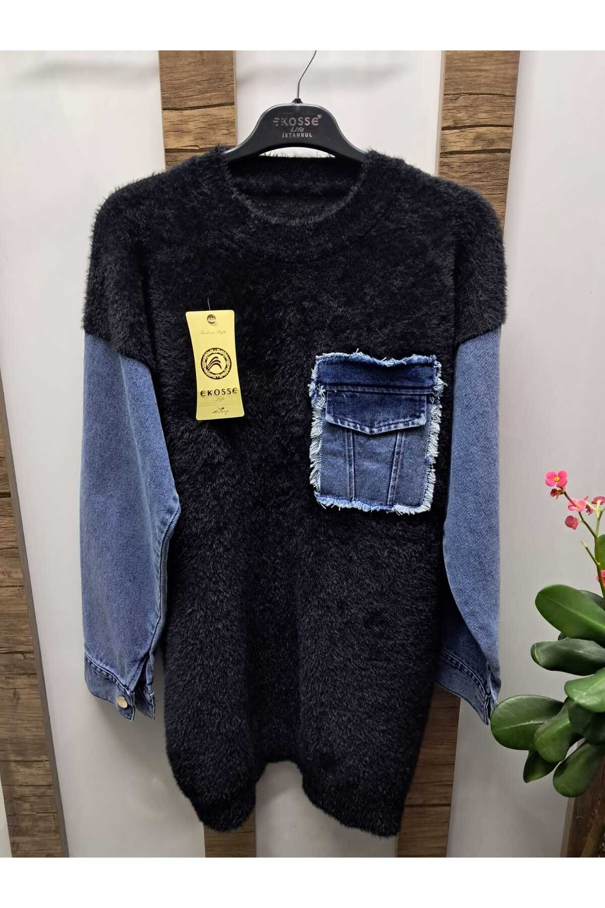 Butik EKOSSE Denim Kol ve Cep Detay Peluş Tunik