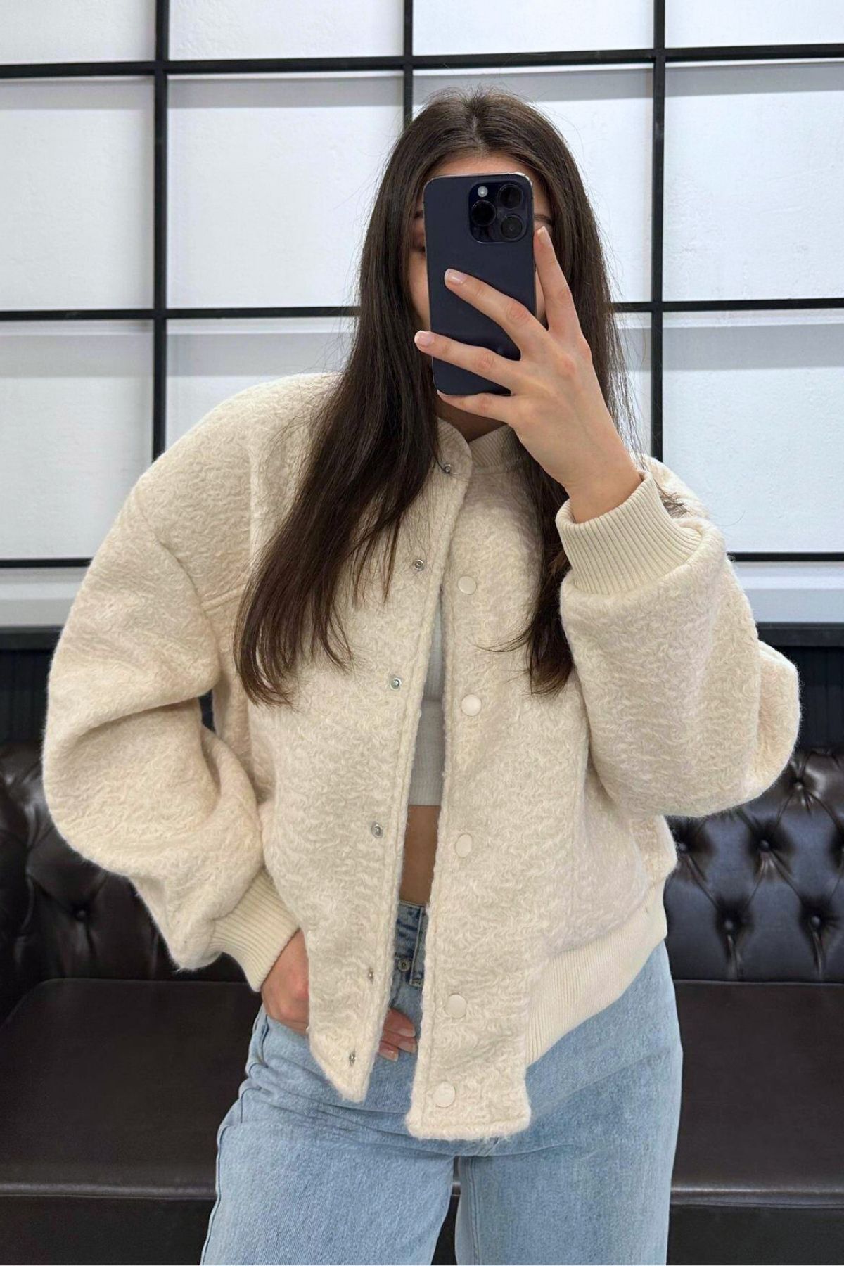 JaMolls kaşe yün görünümlü bol kesim çıtçıt kapama cep detay crop trend bomber pinterest muadil ceket mont görsel 4