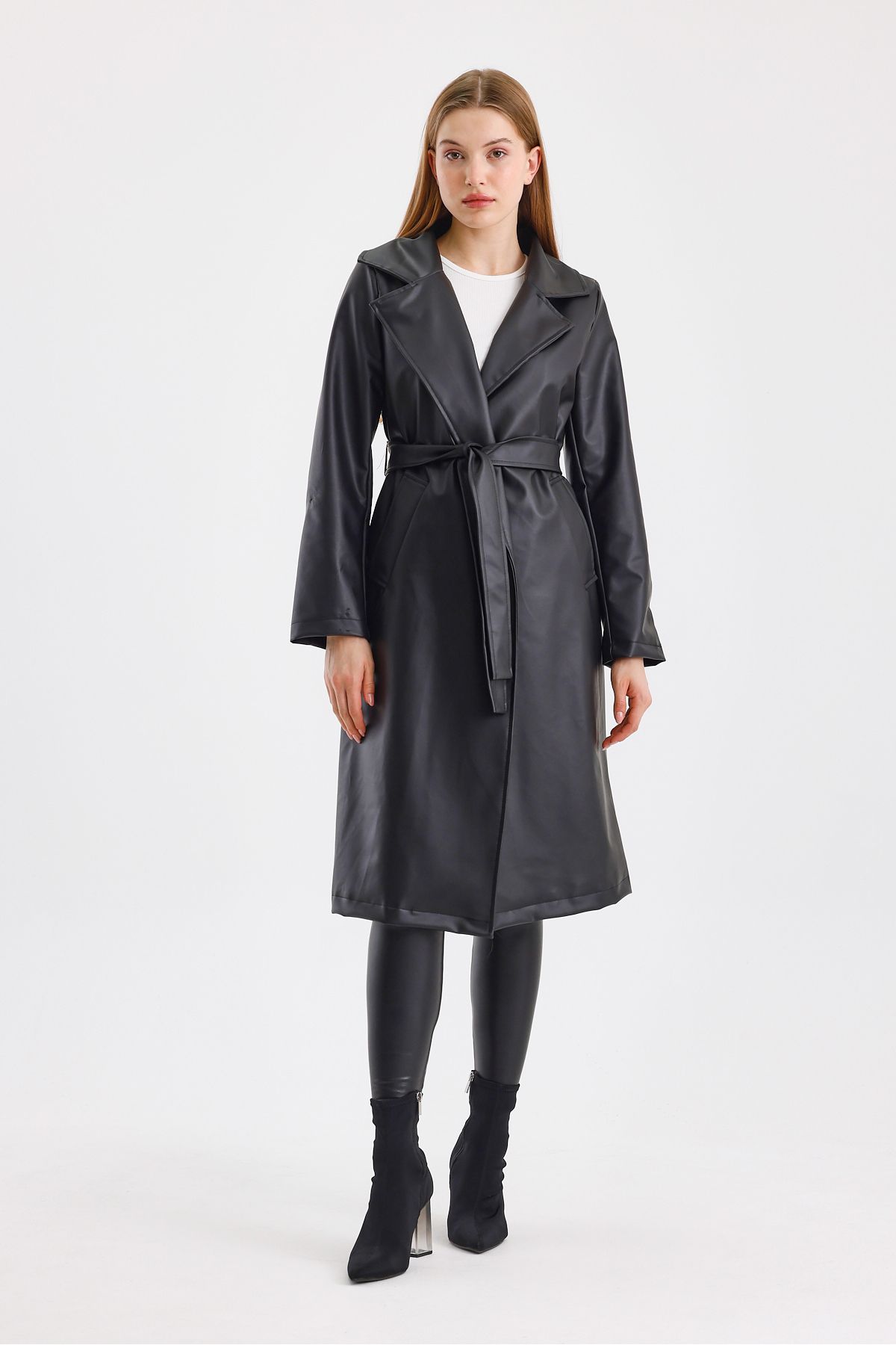 TREND KOMBİN-Long Belted Lined Leather Trench Coat 3