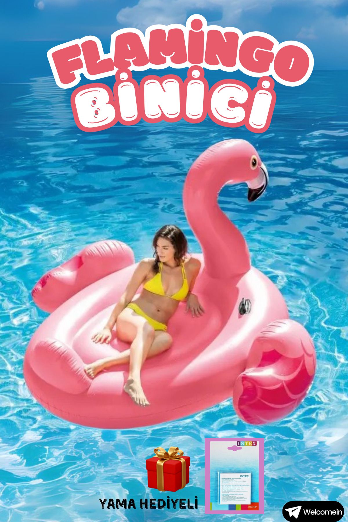 welcomein Flamingo  Binici Şişme MEGA Boy Havuz Plaj Aile Aktivite Intex INB57558 178X135 CM Yama Hediye