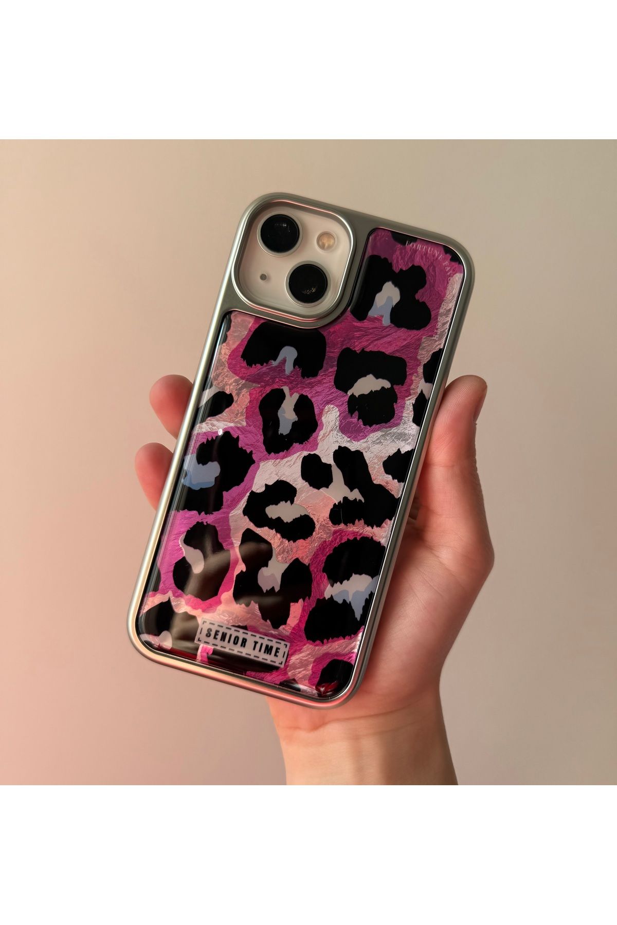 FİŞNEİLETİŞİM İPHONE 13/14 UYUMLU GRİ PEMBE LEOPAR DESENLİ KILIF