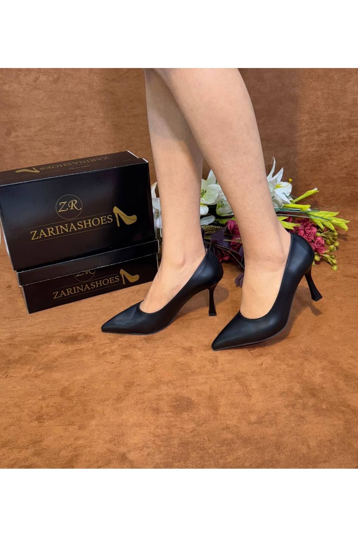 ZARİNA SHOES Kadın siyah cilt Stiletto sade (9cm) topuklu ayakkabı