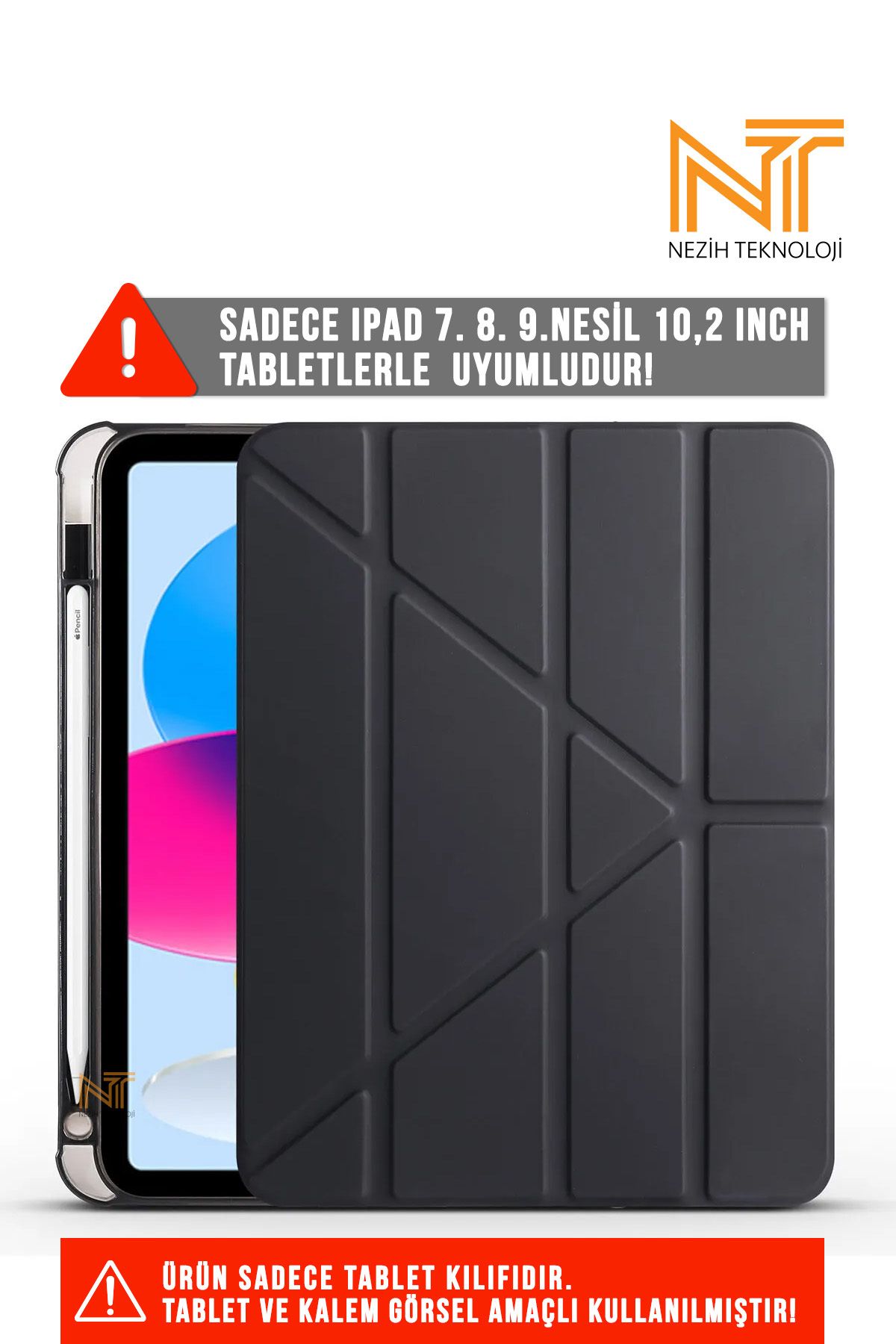 Nezih Case Ipad 10.2 (7. 8. 9.NESİL) 2020/2021 Uyumlu Kalem Bölümlü Uyku Modlu Katlanabilir Akıllı Kılıf