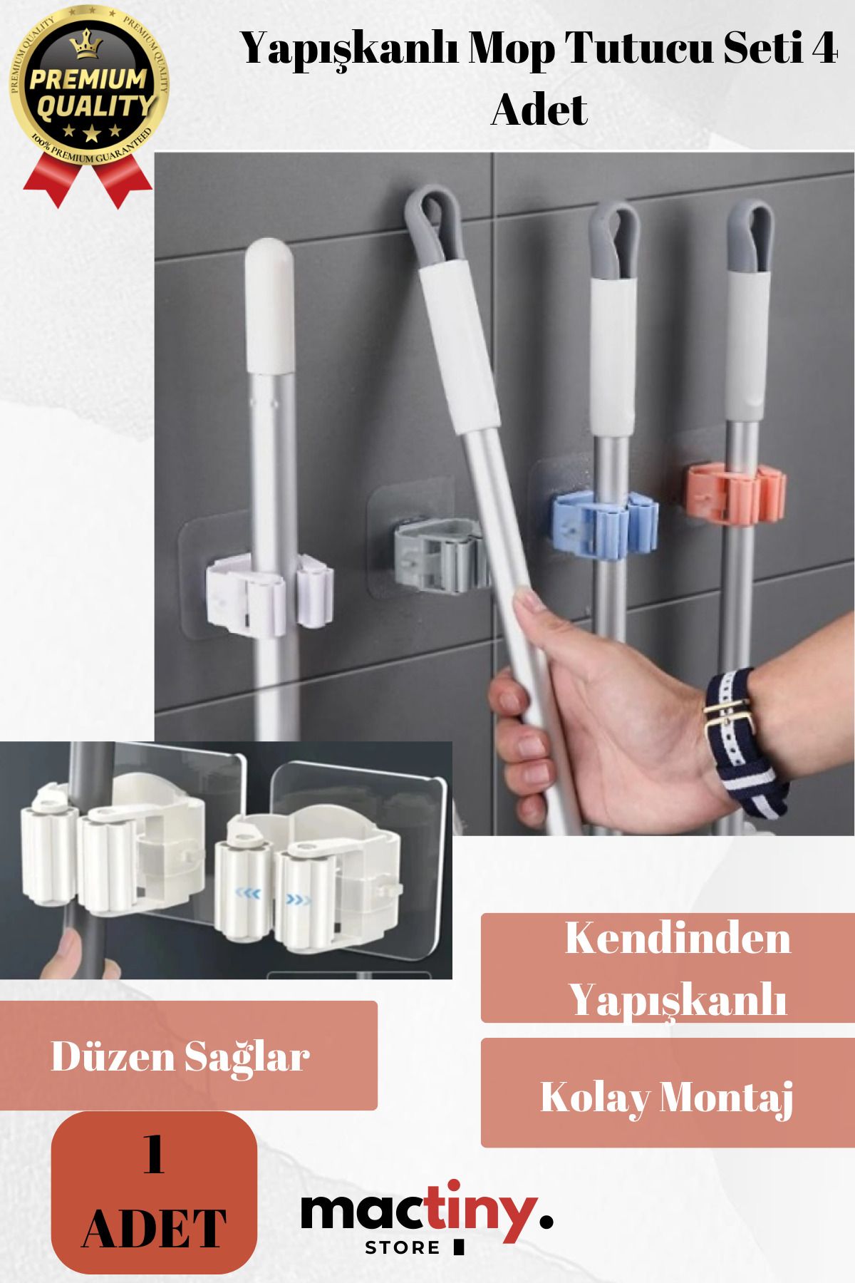 teknotrust Çok Renkli Duvar Tipi Mop Tutucu Seti, Sağlam ve Dayıklı, 4'lü Paket