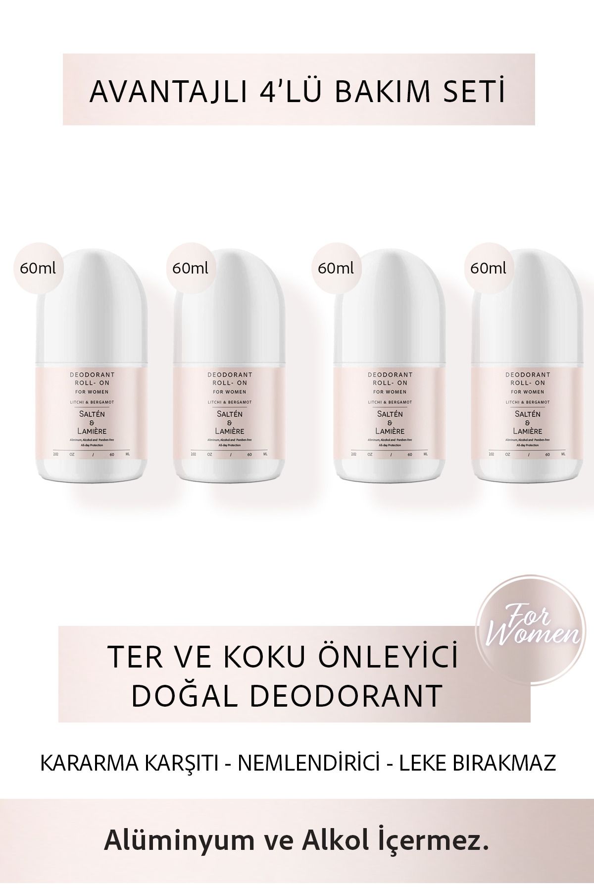 Salten Lamıere 4'lü Set Koltuk Altı Roll On Terleme ve Ter Kokusu Önleyici Doğal Beyazlatıcı Etkili Kadın Deodorant