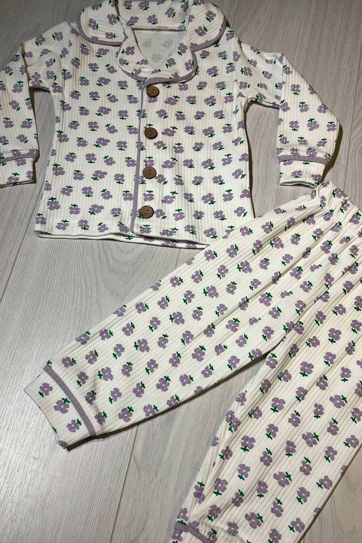 peki baby&kids 5 Ekle 4 Öde Kız Bebek Çocuk Çiçek Düğmeli Pijama Takımı Alt Üst Ceket Pantolon Hediyelik  17024