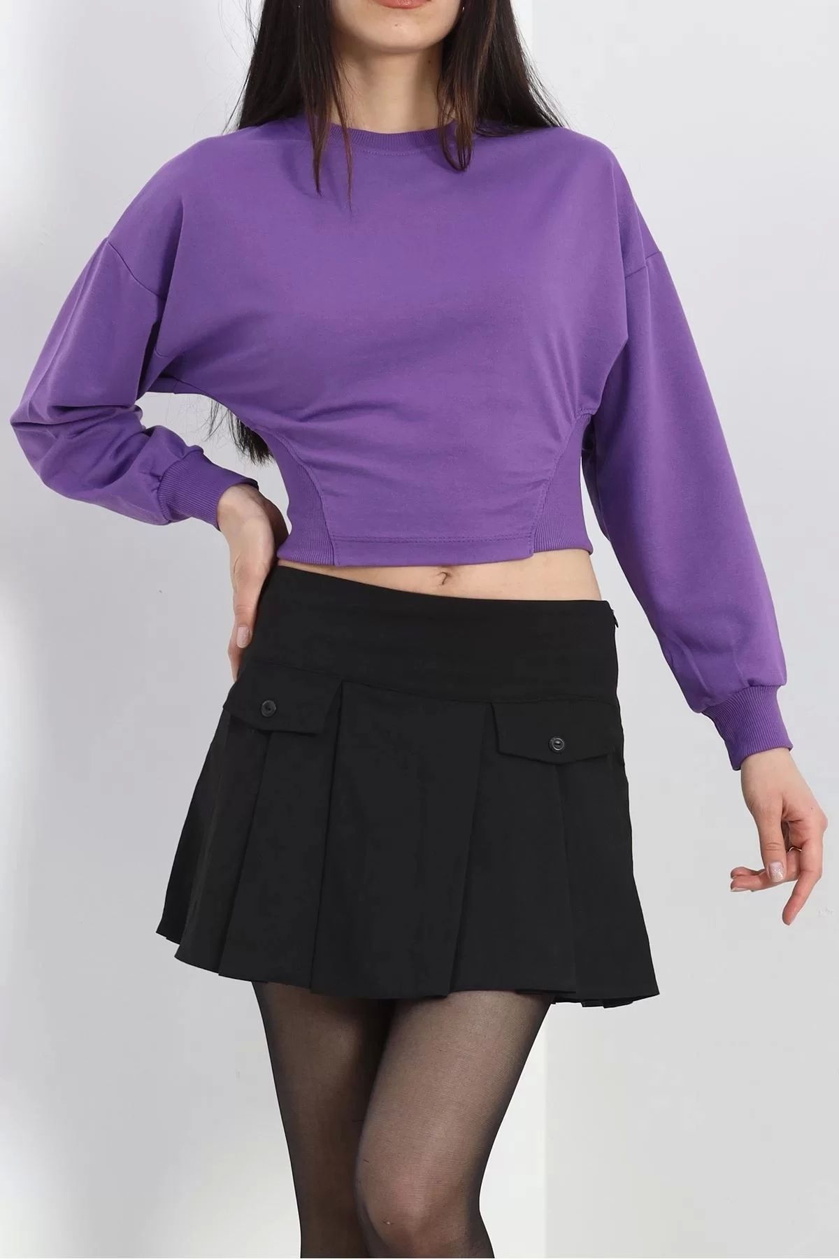 KAZAX Bisiklet Yaka İki İplik Crop Sweat Mor - 40045.555.