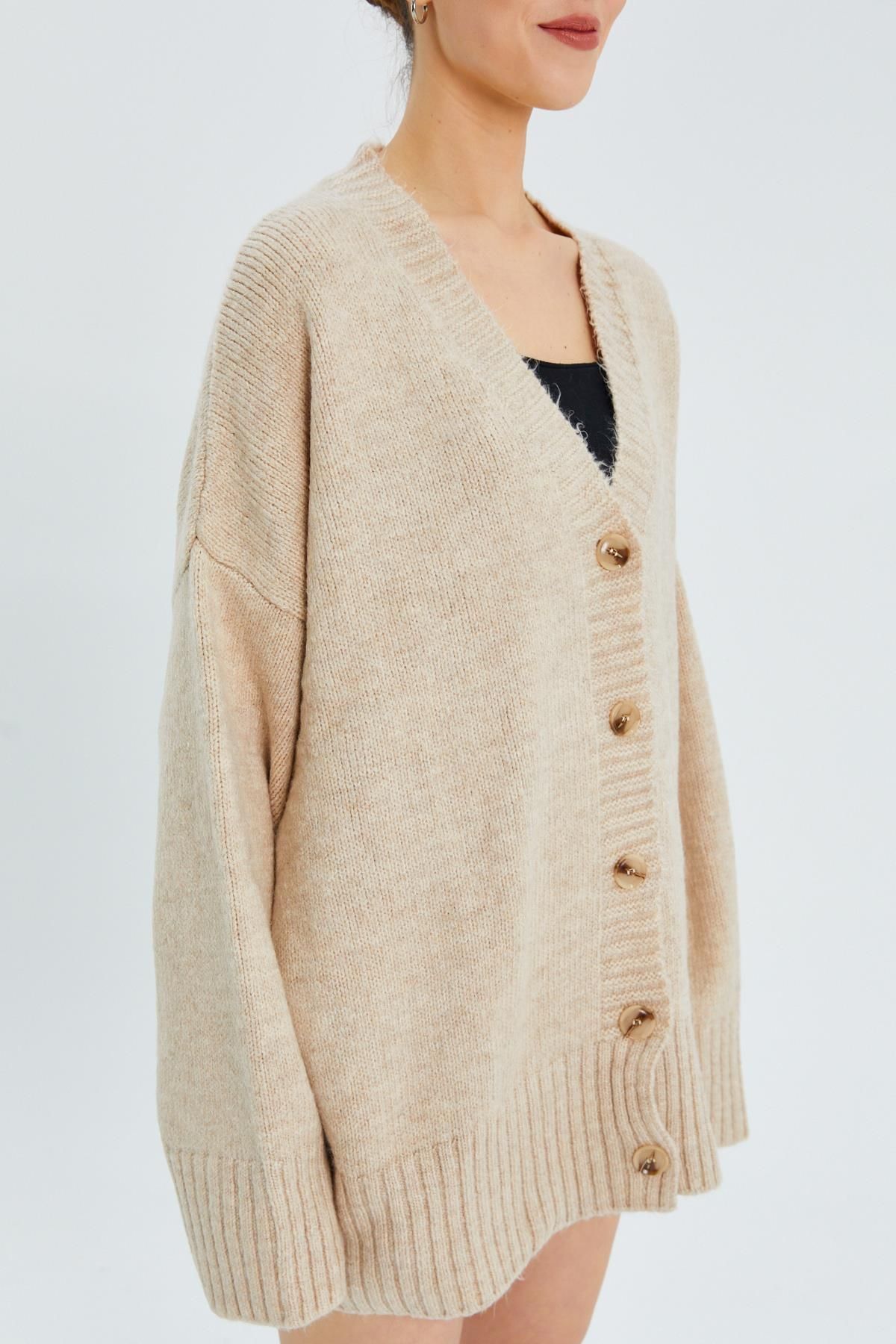 Mixray-6927 Cardigan de tricotaj de damă bej - Model de bază moale și largi 4