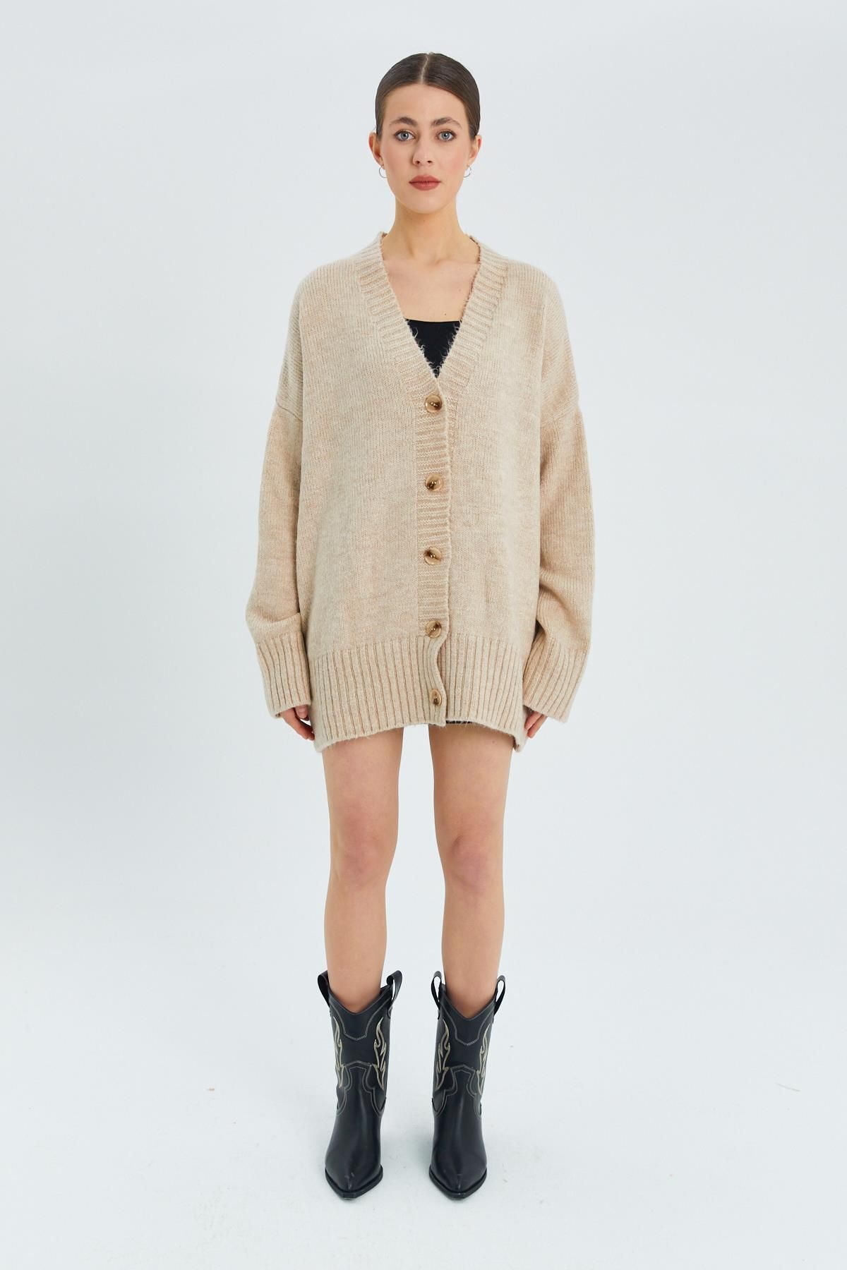 Mixray-6927 Cardigan de tricotaj de damă bej - Model de bază moale și largi 3