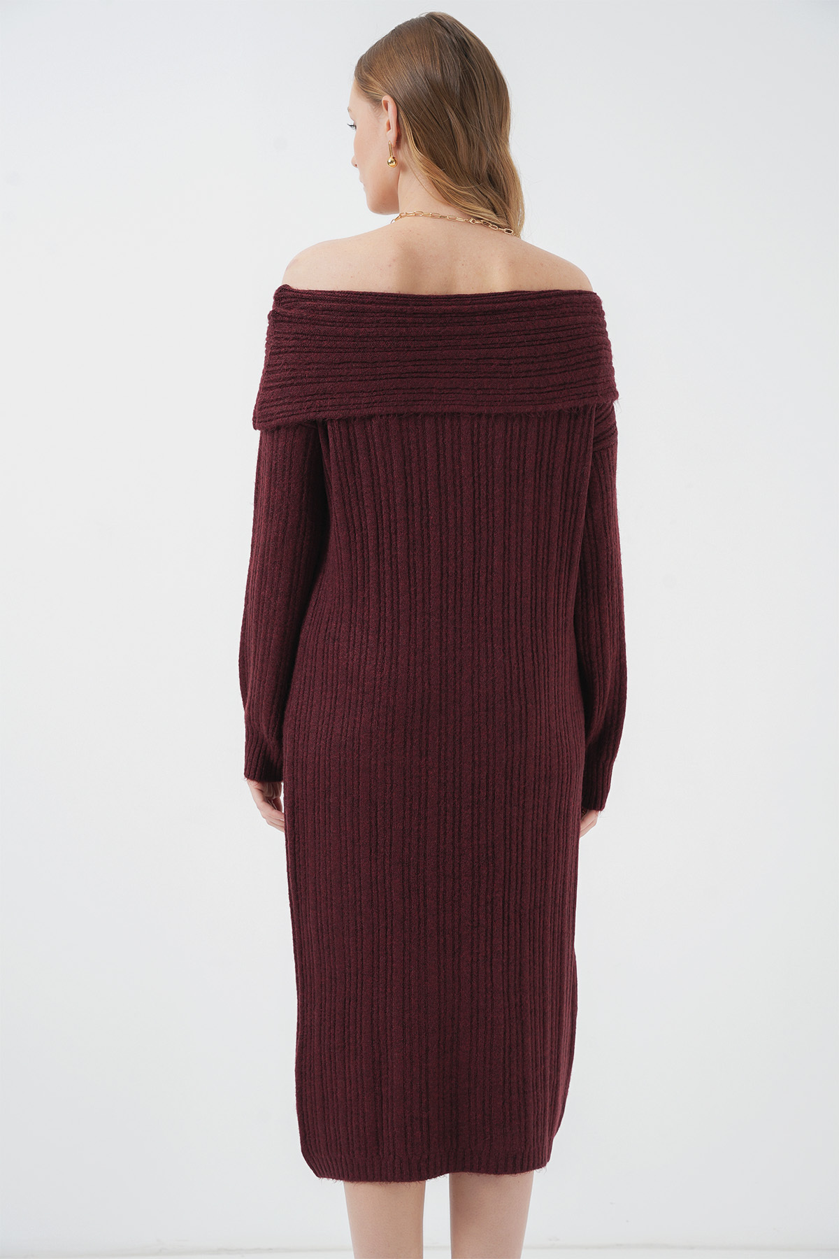 Bigdart-15920 Madonna Collar Oversize Knitwear Dress - Burgundy 6