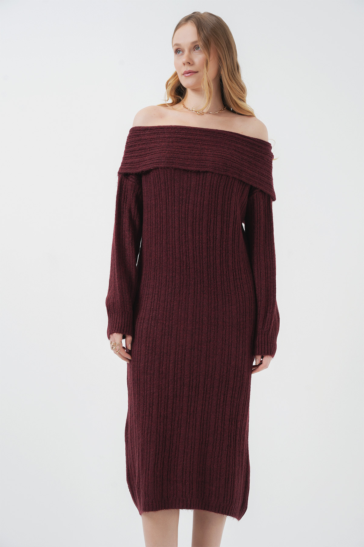 Bigdart-15920 Madonna Collar Oversize Knitwear Dress - Burgundy 4