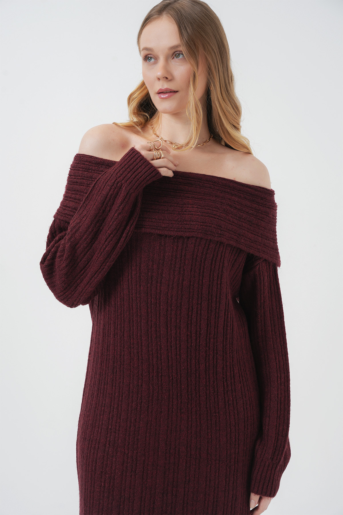Bigdart-15920 Madonna Collar Oversize Knitwear Dress - Burgundy 3