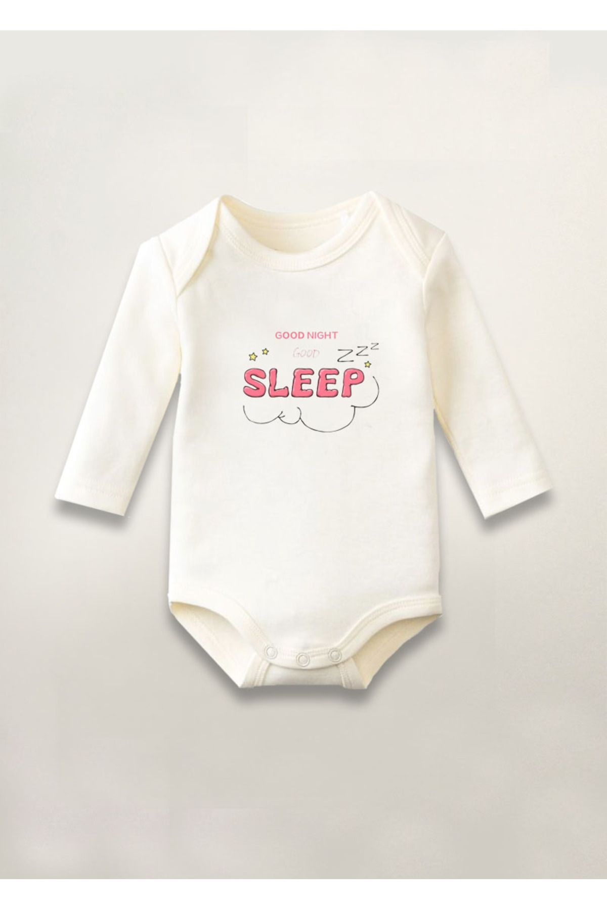sielta Good Night İyi Geceler Baskılı Pamuklu Uzun Kollu Çıtçıtlı Bebek Body Zıbın Atlet Tulum