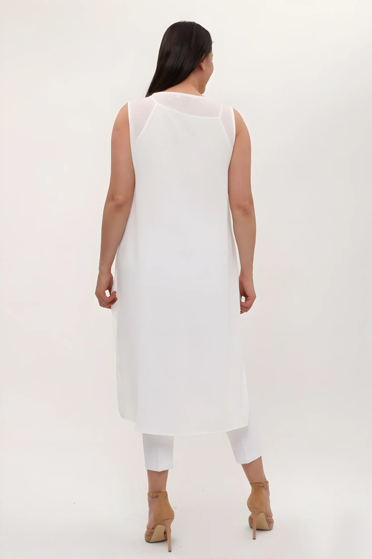 Hanezza-Women's Large Size White Zero Sleeve 42-52 Embroidered Below the Knee Slit Crepe Vest 6